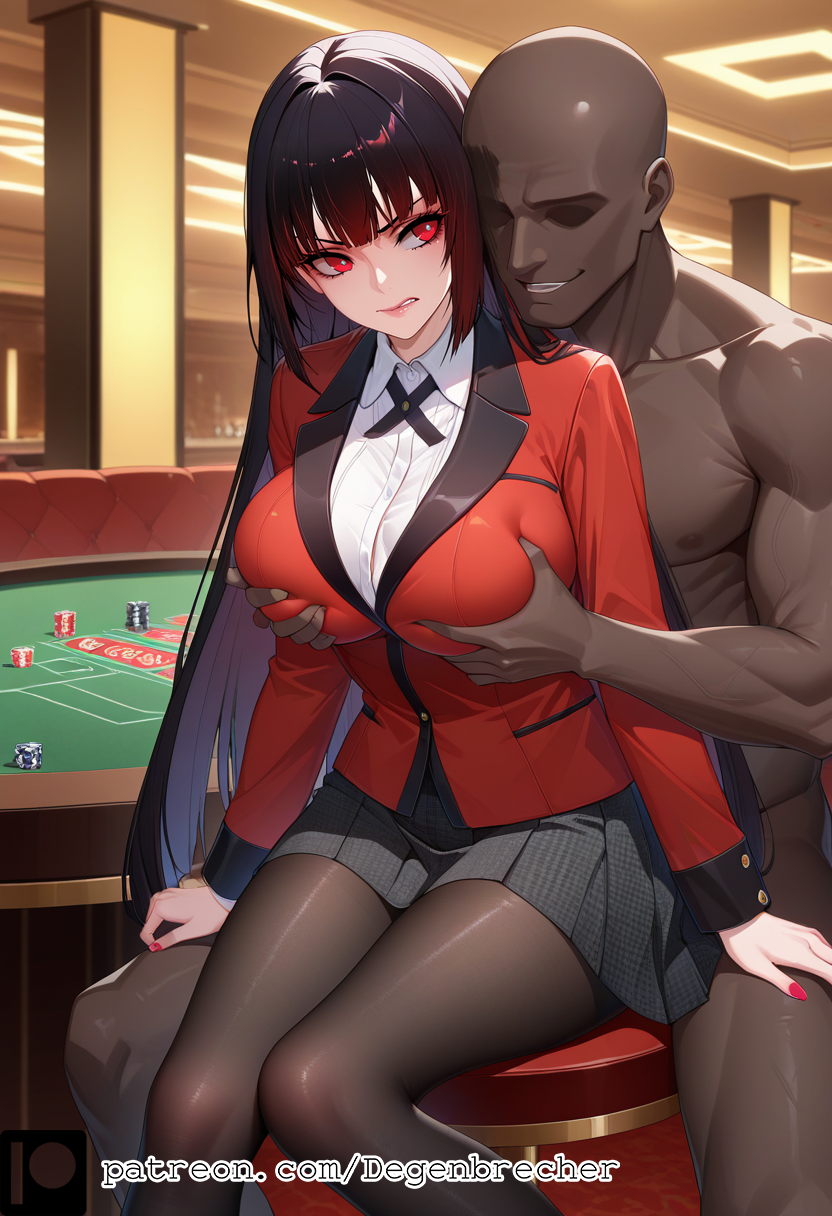 1girls ai_generated big_breasts black_hair black_pantyhose blunt_bangs dark-skinned_male degenbrecher female grabbing_breasts grabbing_from_behind jabami_yumeko pantyhose patreon patreon_username red_eyes red_jacket school_uniform scowl skirt subscribestar subscribestar_username uncensored white_shirt