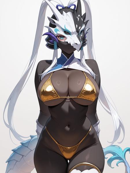 1girls ai_generated bikini blue_eyes bodysuit breasts civitai cleavage dragon_girl dragon_tail female female_focus female_only full_body full_body_suit gold_bikini gold_panties helmet helmet_over_eyes large_breasts long_hair mask masked masked_female mouth_mask solo solo_female solo_focus swordsoul_of_mo_ye tail thick_hips thick_thighs thighhighs thighs twintails very_long_hair white_hair wide_hips yu-gi-oh!