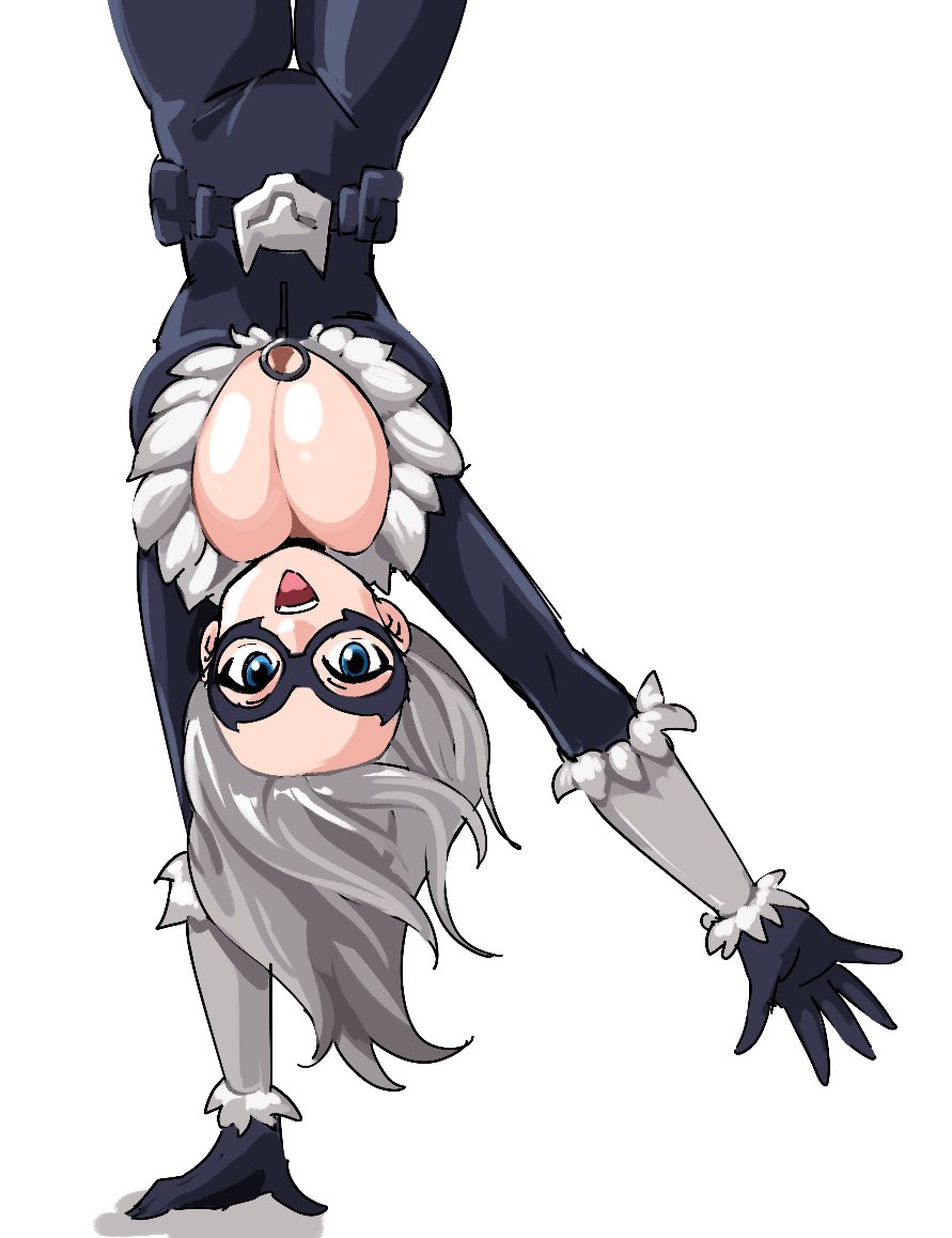 black_cat black_cat_(marvel) blackcat blue_eyes cat_suit catsuit cleavage felicia_hardy jumpsuit latex latex_suit looking_at_viewer marvel marvel_comics provocative seductive selvish94 smiling_at_viewer spider-man_(series) upside-down white_hair