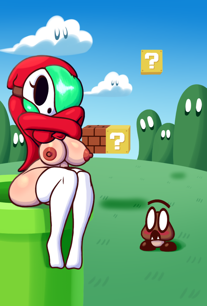 1girl anonymous_artist bottomless breasts breasts_out clothing female goomba mario_(series) mask masked masked_female nipples shy_gal sitting undressing