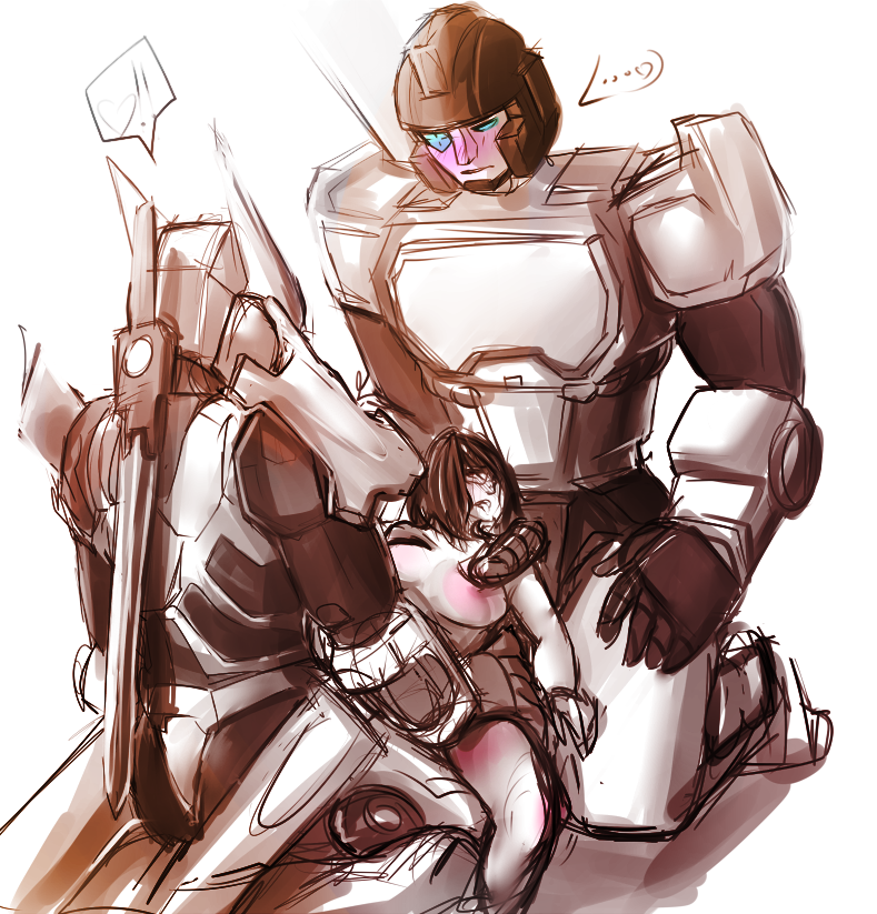 1girls 2boys artist_request erection female human human_penetrated interspecies male perceptor robot robot_on_human robot_penis sex sex_machine threesome transformers transformers_idw