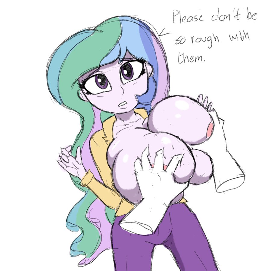1boy, 1girls, anxious, areolae, big breasts, breast grab, breasts, breasts bigger than head, clothed, clothing, disembodied hand, english text, equestria girls, female, fondling, fondling breast, friendship is magic, grabbing, grabbing breasts, groping, groping breasts, hasbro, male, mature female, multicolored hair, my little pony, princess celestia (mlp), principal celestia, purple eyes, stammis, text, unseen male face