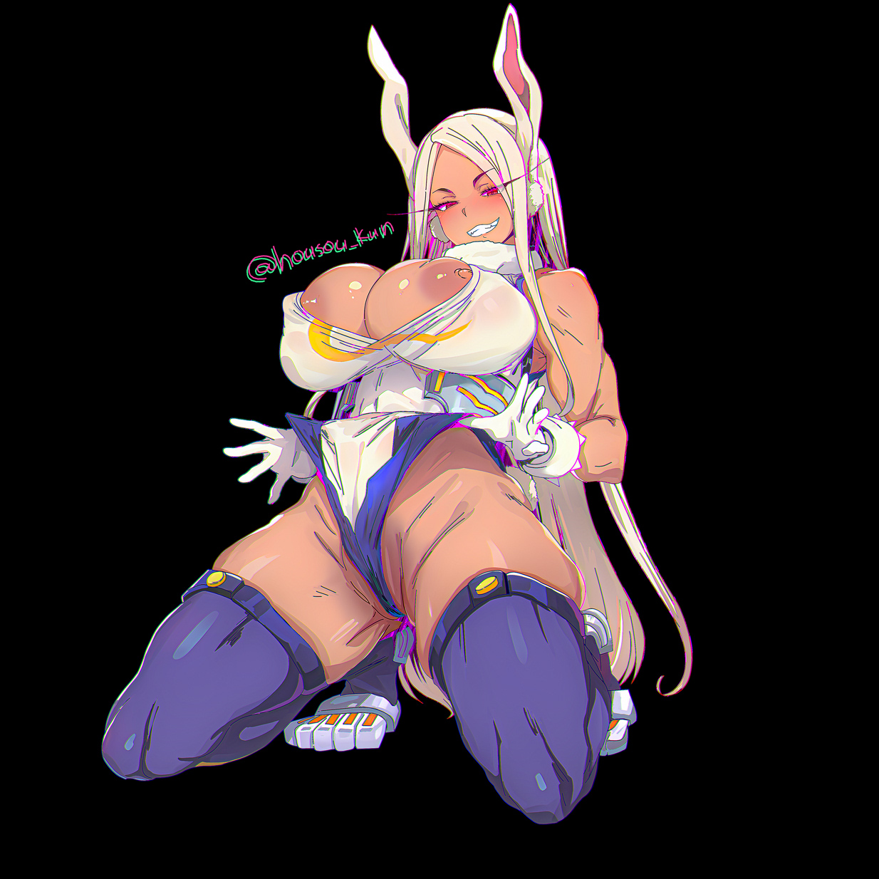 animal ears, areola slip, ass, bare shoulders, blush, boku no hero academia, breasts, breasts out, chromatic aberration, cleavage, clenched teeth, commentary, covered navel, dark skin, dark-skinned female, deep skin, elbow gloves, female, floral print, floral print dress, from behind, fur trim, fur-trimmed collar, gloves, gold trim, grin, hands on own ass, heart, highleg, highleg leotard, highres, housou-chan, housou-kun, huge ass, huge breasts, huge thighs, kneeling, leaning forward, leotard, leotard pull, long eyelashes, long hair, long labia, looking at viewer, looking down, mirko, miruko, muscular, muscular female, my hero academia, narrowed eyes, nipples, open clothes, partially visible vulva, pink eyes, print dress, puffy nipples, purple thighhighs, rabbit ears, rabbit girl, rabbit tail, red dress, red eyes, red gloves, rumi usagiyama, shiny skin, simple background, skindentation, sleeveless, sleeveless dress, smile, socks, solo, tail, tail through clothes, teeth, thick thighs, thigh strap, thighhighs, thighs, twitter username, very long hair, white gloves, white hair