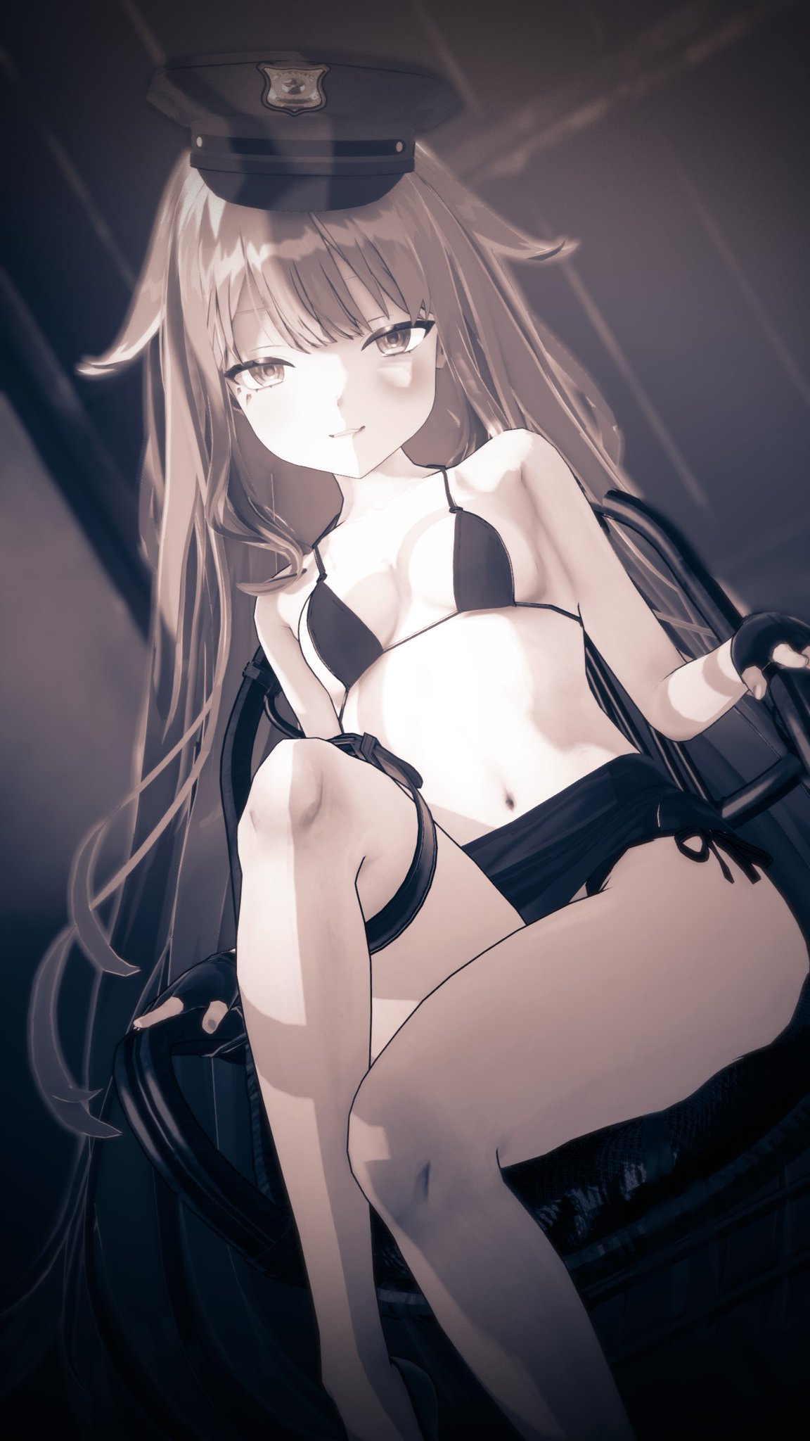 bare_legs bare_shoulders black_and_white black_gloves chair covered_nipples feet_out_of_frame gloves hololive hololive_english koseki_bijou legs long_hair looking_at_viewer looking_seductive police_hat posing posing_for_the_viewer shoulders sitting sitting_on_chair skirt small_breasts smaller_female smile smiling stomach underwear virtual_youtuber