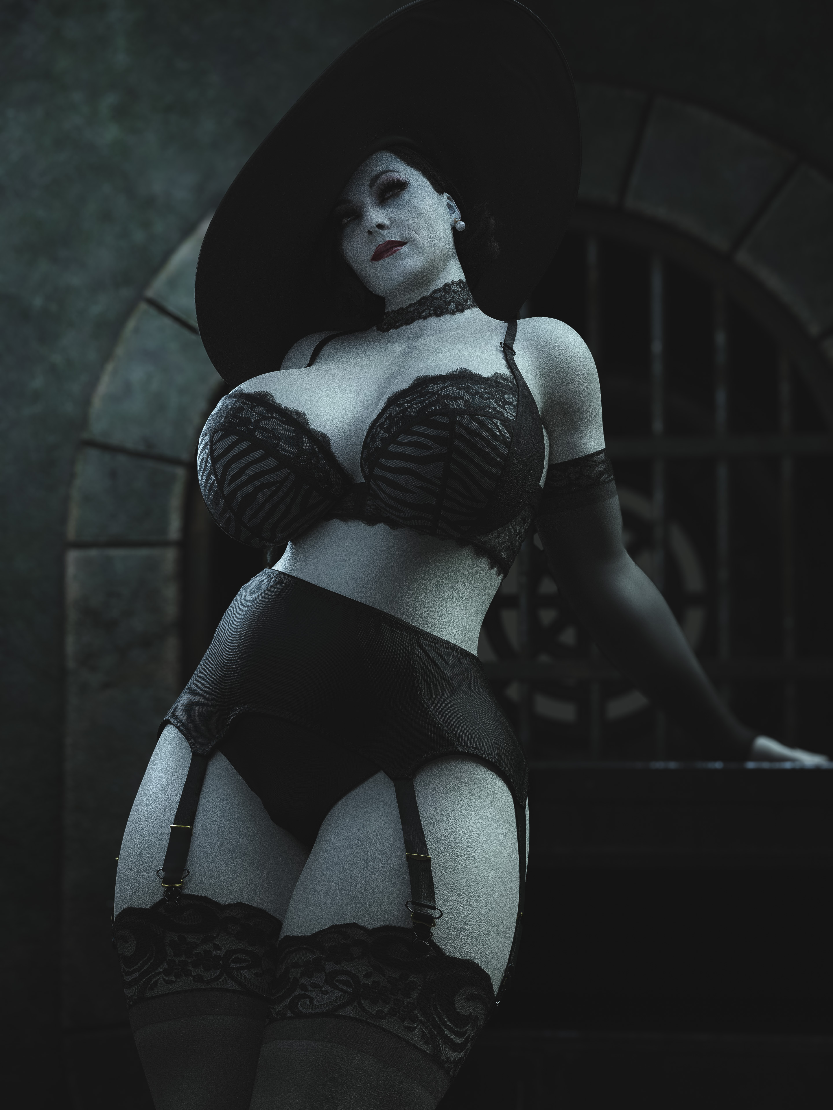 3d, alcina dimitrescu, big breasts, breasts, bust, curvy, female, hat, hi res, huge breasts, light skin, light-skinned female, lingerie, milf, pale skin, pale-skinned female, perfect body, plague of humanity (artist), resident evil, resident evil 8: village, solo, taller female, thick legs, thick thighs, thighhighs