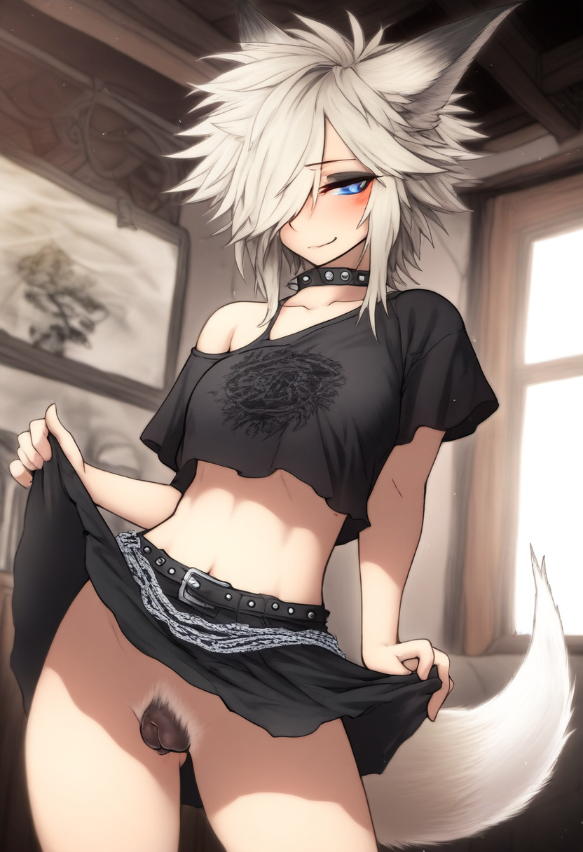 ai_generated bedroom blonde_hair blue_eyes blush canine_pussy cookie-girl crop_top eyeliner ezara_(oc) fox_ears fox_girl fox_tail gender_bender gender_transformation genderbent genderswap_(mtf) goth goth_girl lifting_skirt punk punk_girl rule_63 seductive seductive_look seductive_pose shorts shy skinny skinny_girl smile solo solo_female solo_focus spiked_collar upskirt