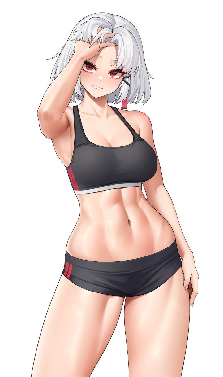 1girls abs bob_cut drake_(nikke) female fit_female fully_clothed goddess_of_victory:_nikke hairclip red_eyes short_hair small_breasts sports_bra sportswear thick_thighs wei_xiao white_hair workout_clothes