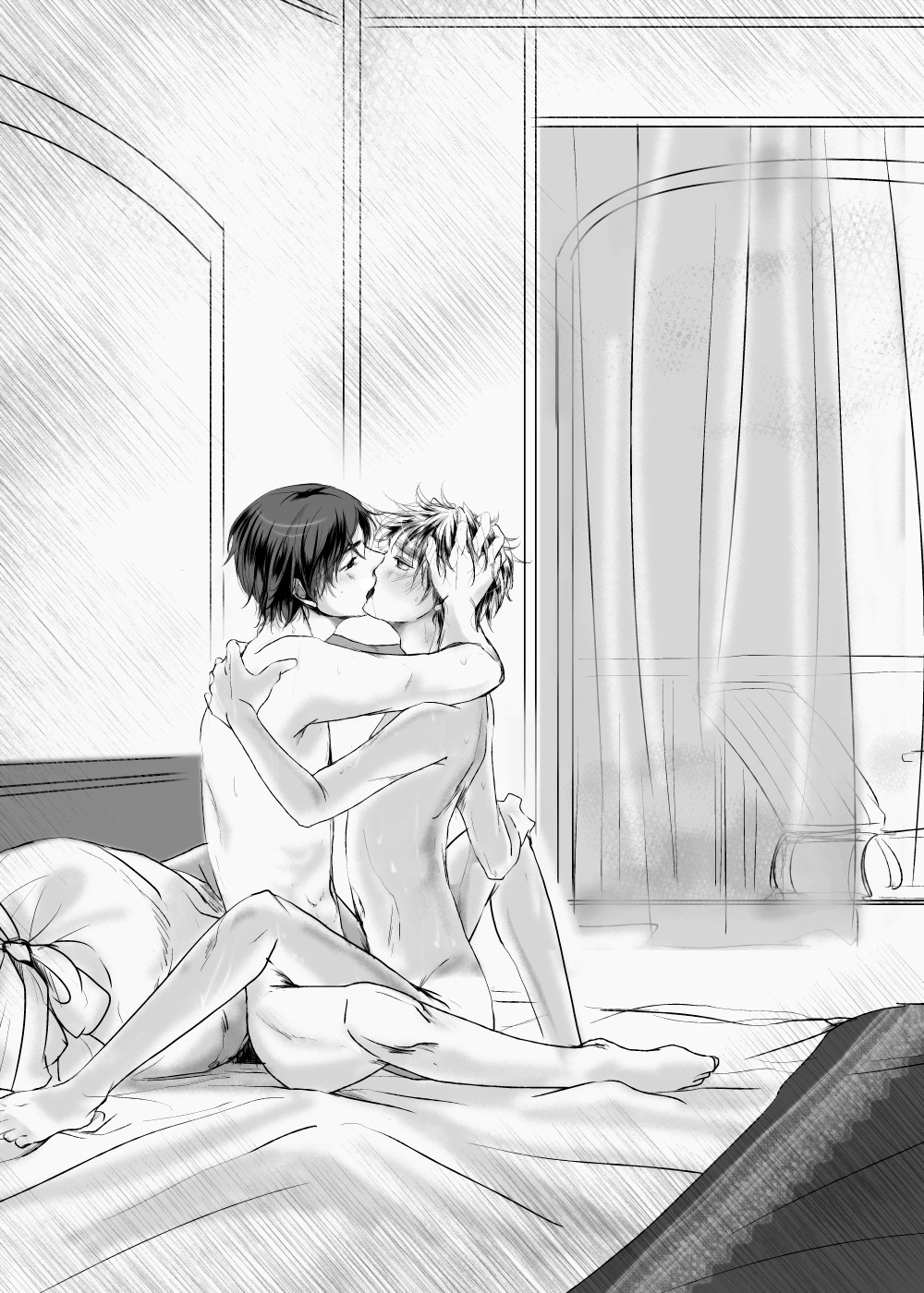 2boys arthur_kirkland axis_powers_hetalia barefoot bed england_(hetalia) feet feliciano_vargas gay hand_in_hair hand_on_head highres hug italy_(hetalia) kissing male male/male monochrome multiple_boys nude sex sweat yaoi