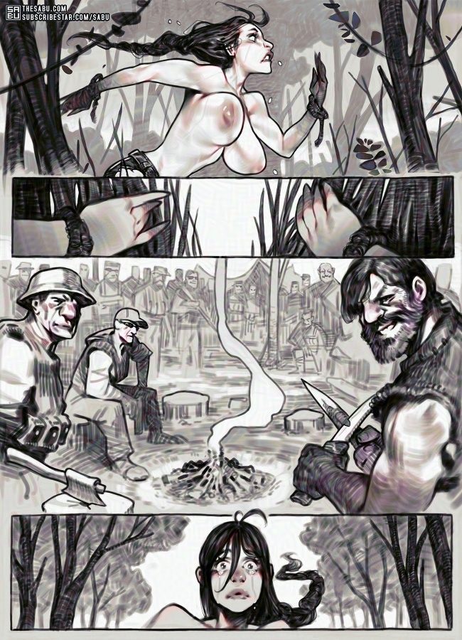 2d, areolae, big breasts, braid, breasts, busty, comic, crying, female, female focus, hourglass figure, imminent rape, jiggle, jiggling breasts, jungle, lara and the golden idol (comic), lara croft, lara croft (classic), large breasts, long hair, male, monochrome, multiple boys, multiple males, nipples, nude, nude female, nudity, outdoors, outside, sabudenego, tagme, tears, tomb raider, tomb raider (classic), wide hips