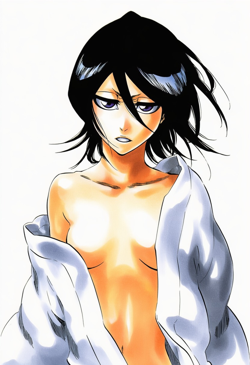 1girls, accurate art style, accurate body type, ai generated, belly button, black hair, bleach, breasts, clavicle, clothing, collarbone, fanart, female, female focus, female only, hair between eyes, highres, kuchiki rukia, light skin, light-skinned female, looking at viewer, navel, no bra, off shoulder, open clothes, open robe, open shirt, petite, purple eyes, robe, short hair, simple background, slender waist, slim waist, small breasts, solo, solo female, solo focus, standing, tite kubo style, upper body, white background, white robe, ㅇㅇ