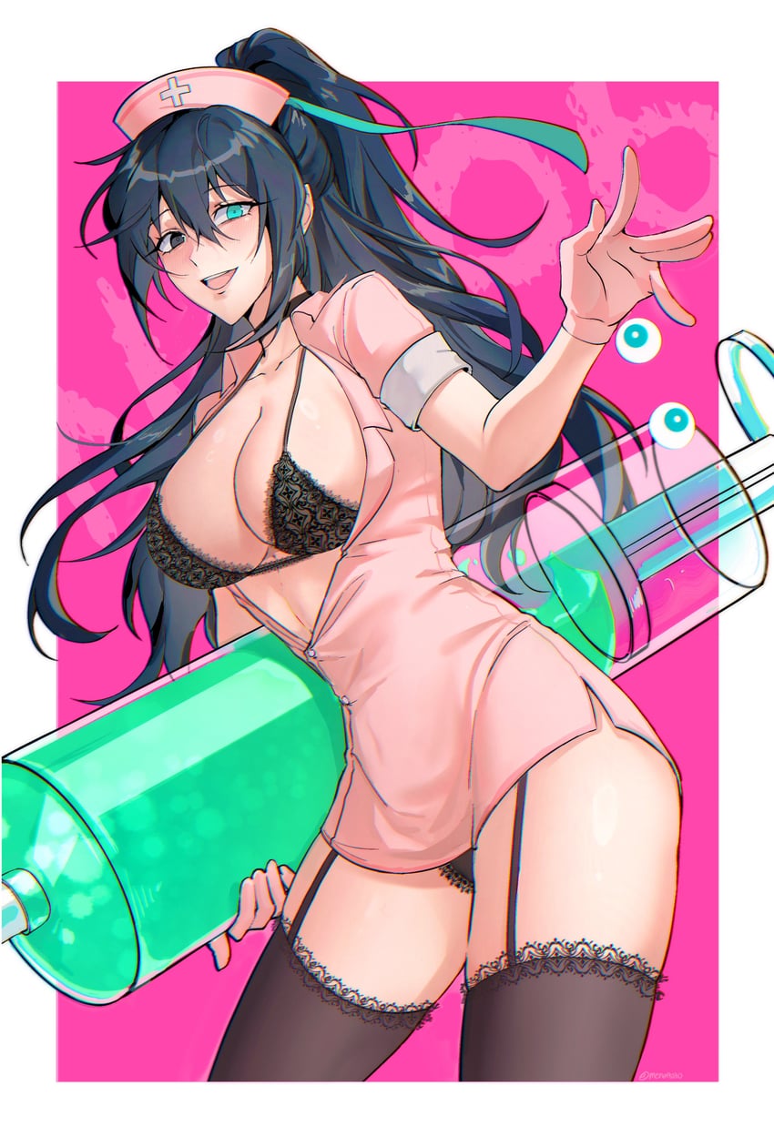 artist_request black_eyes black_hair black_lace blue_eyes choker eyeball genderswap_(mtf) hong_lu hong_lu_(limbus_company) limbus_company lingerie nurse nurse_cap nurse_uniform ponytail project_moon slutty_outfit stockings syringe tagme thighhighs