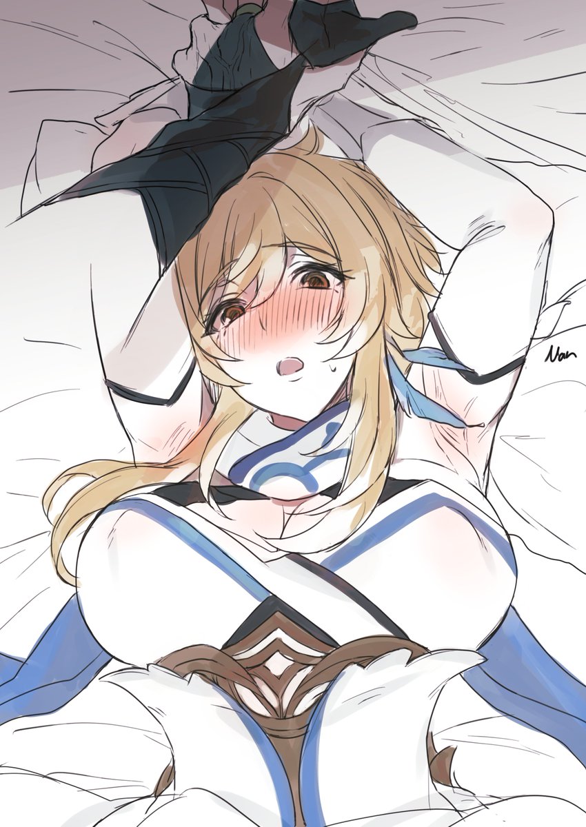 2023 arm_sleeve arm_sleeves armpits arms_above_head arms_up artist_signature bed bedsheets big_breasts big_breasts big_breasts blonde_hair blonde_hair_female blondie blue_trim blush blushing_female boob_window breast_window breasts breasts breasts busty busty_female dialogue dominant_male dominated_female english english_dialogue english_text female female_focus femsub genshin_impact heterosexual imminent_sex looking_at_viewer lucky_bastard lumine_(genshin_impact) male male_pov maledom medium_hair medium_hair_female mihoyo nan7719318 nipples_visible_through_clothing on_bed open_mouth open_mouth overpowered pov_male restrained restrained_arms scaramouche_(genshin_impact) staring_at_viewer straight straight submissive_female vein veins white_bed white_bed_sheet white_bedding white_clothes white_clothing