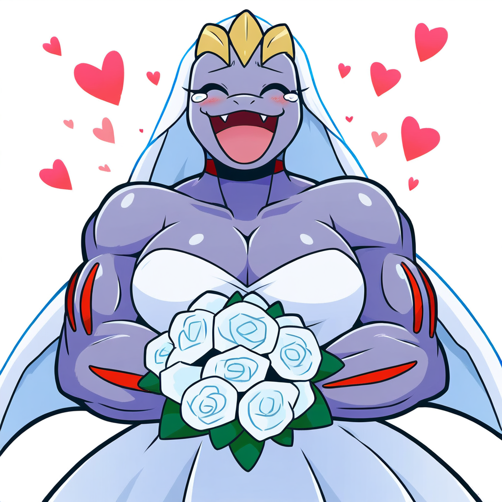 1girls ai_generated athletic_female blush bouquet breasts closed_eyes cold_shrike eyelashes fangs female female_machoke female_only flower flowers game_freak happy heart humanoid machoke marriage muscular muscular_female nintendo novelai pokemon pokemon_(species) purple_body simple_background solo tearing_up tears tears_of_joy wedding wedding_dress wedding_veil white_background