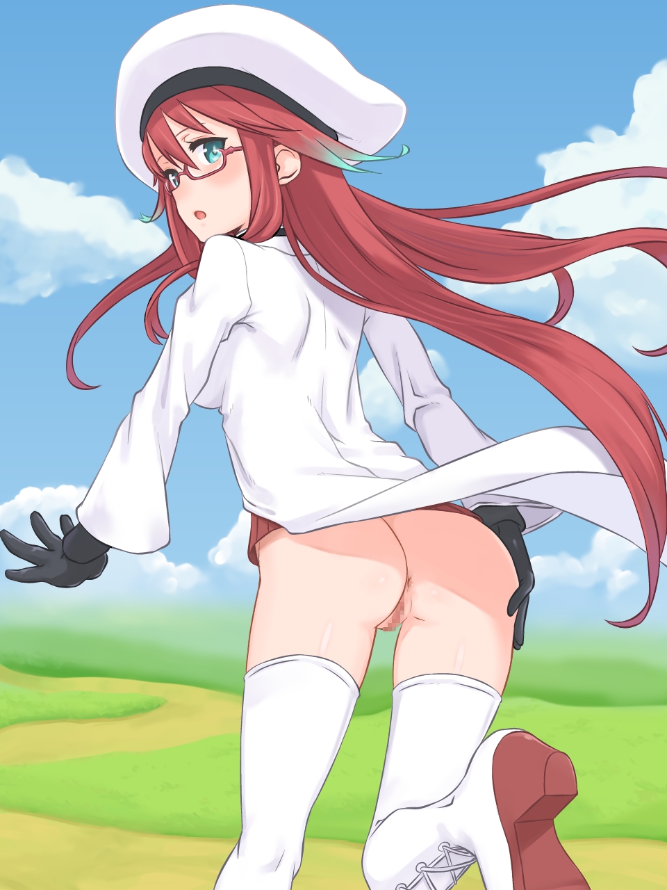 anus ass aty beesama blue_eyes blush censored clouds female from_behind glasses gloves hachiyou hat highres hou_(hachiyou) labcoat legs long_hair looking_back no_panties open_mouth pussy red_hair sky solo standing summon_night summon_night_3 thigh_boots thighs