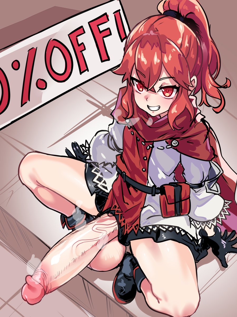 anna_(fire_emblem) arm_support belt_pouch black_footwear black_gloves boots cape dress erection female fire_emblem fire_emblem_engage from_above full_body futanari gloves grin hair_between_eyes highres huge_cock huge_testicles long_hair long_sleeves looking_at_viewer on_sale penis pouch red_cape red_eyes red_hair sirachi smile solo squatting testicles uncensored white_dress