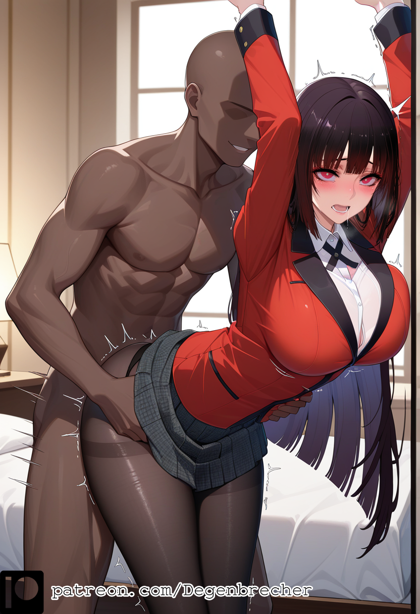 1girls ai_generated big_breasts black_hair black_pantyhose blunt_bangs dark-skinned_male degenbrecher female jabami_yumeko kakegurui pantyhose patreon patreon_username red_eyes red_jacket school_uniform sex_from_behind skirt subscribestar subscribestar_username torso_grab trembling uncensored white_shirt