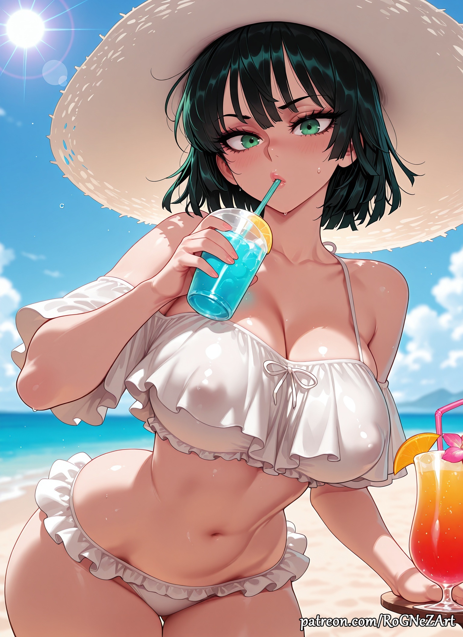 2026, ai generated, anime, bangs, bare shoulders, beach, bikini, black hair, blue sky, blush, breasts, cleavage, cloud, collarbone, covered nipples, crossover, cup, day, drink, drinking glass, drinking straw, eye contact, female, female focus, female only, flushed, food, frilled bikini, frills, fubuki (one-punch man), green eyes, hat, highres, holding, huge breasts, large breasts, looking at viewer, midriff, navel, nsfw, ocean, one-punch man, orange (fruit), orange slice, outdoors, patreon, rognezart, short hair, sky, solo, straw hat, sun, sun hat, sweat, sweaty, swimsuit, white bikini