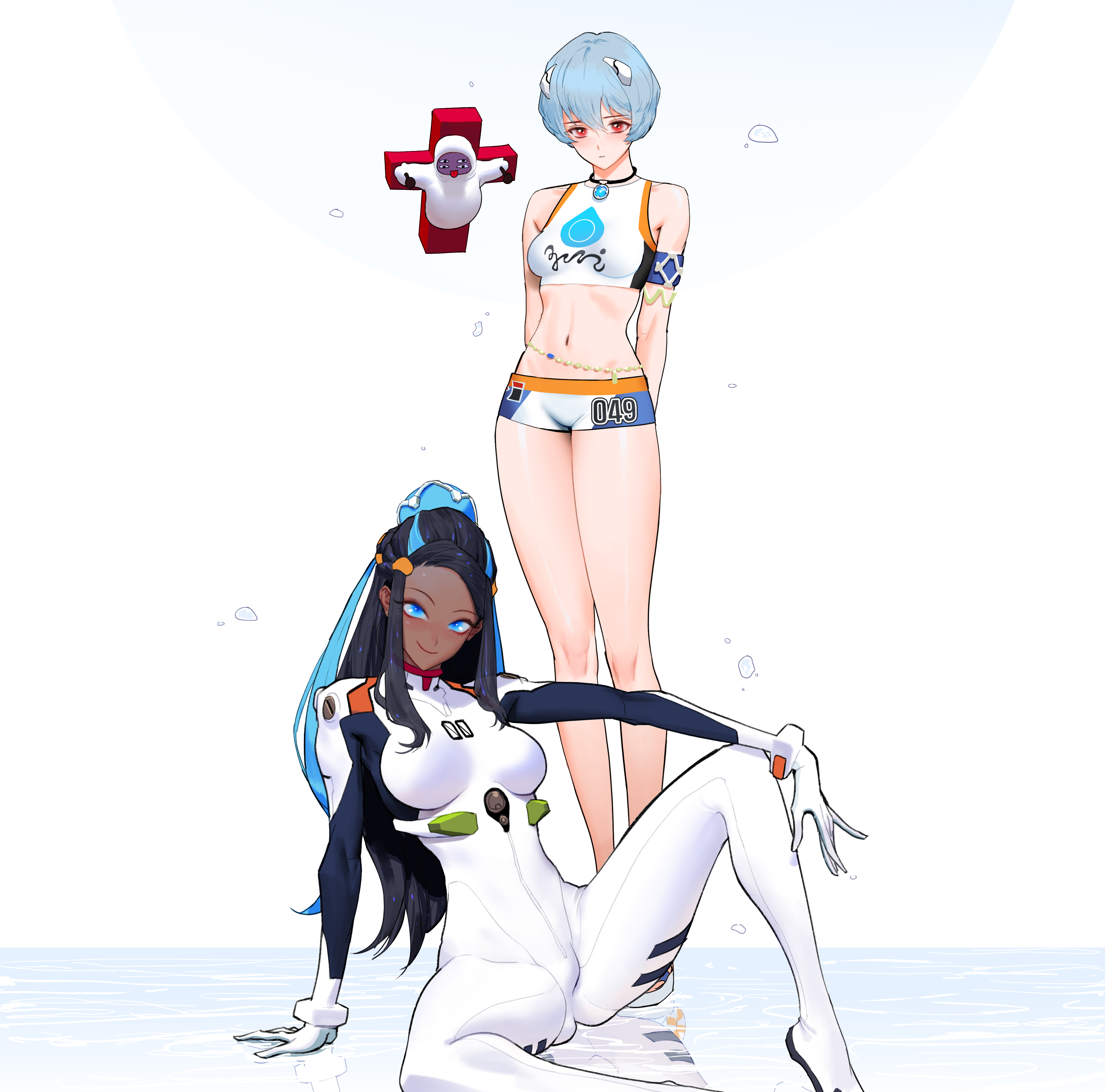 2girls, ayanami rei, ayanami rei (cosplay), big breasts, black hair, blue eyes, blue hair, bodysuit, breasts, clothed, cosplay, costume switch, crossover, dark skin, dark-skinned female, female, female only, long hair, multiple females, multiple girls, neon genesis evangelion, nessa (pokemon), nessa (pokemon) (cosplay), outfit swap, pokemon, red eyes, rei ayanami, rei ayanami (cosplay), rurina (pokemon), rurina (pokemon) (cosplay), short hair, swimsuit, wonbin lee