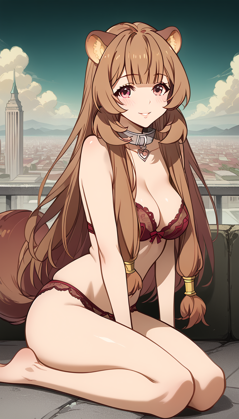 1girls ai_generated animal_ear_fluff animal_ears bangs bare_arms bare_legs bare_shoulders barefoot between_legs blue_sky blunt_bangs blush bra breasts brown_bra brown_hair brown_panties building cleavage cloud collar collarbone couch day feet hair_tubes heart kneeling legs lingerie long_hair looking_at_viewer medium_breasts metal_collar natsuyoru navel on_couch outdoors panties parted_lips raccoon_ears raccoon_girl raccoon_tail raphtalia red_bra red_eyes red_panties seiza sidelocks sitting sky smile solo tail tate_no_yuusha_no_nariagari the_rising_of_the_shield_hero thighs underwear underwear_only very_long_hair wariza