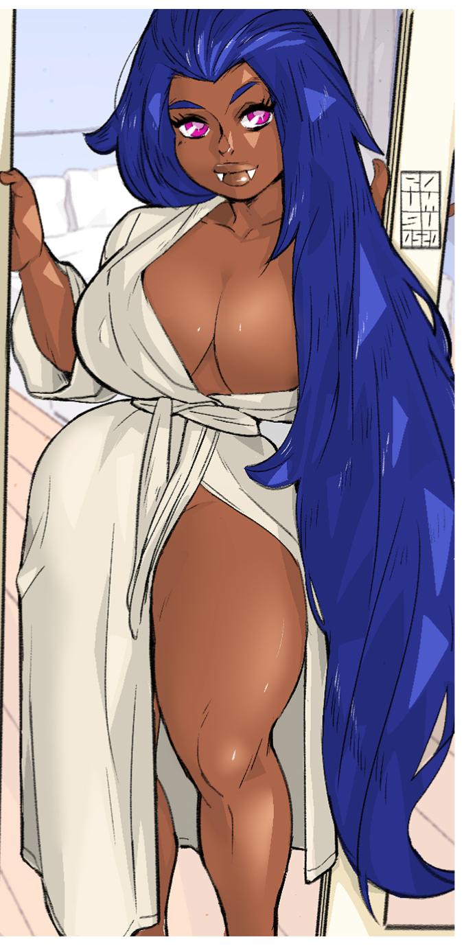 1girls ass ass barefoot bathrobe beauty_mark big_breasts blue_hair breasts bubble_butt busty cartoon_network cleavage curvaceous curvy dark-skinned_female dark_skin erect_nipples female female_focus female_only hourglass_figure huge_breasts large_breasts long_hair mature mature_female milf nipple_bulge ok_k.o.!_let's_be_heroes open_clothes open_robe pose posing purple_eyes robe roumgu solo text thick_thighs vampire voluptuous wide_hips wilhamena