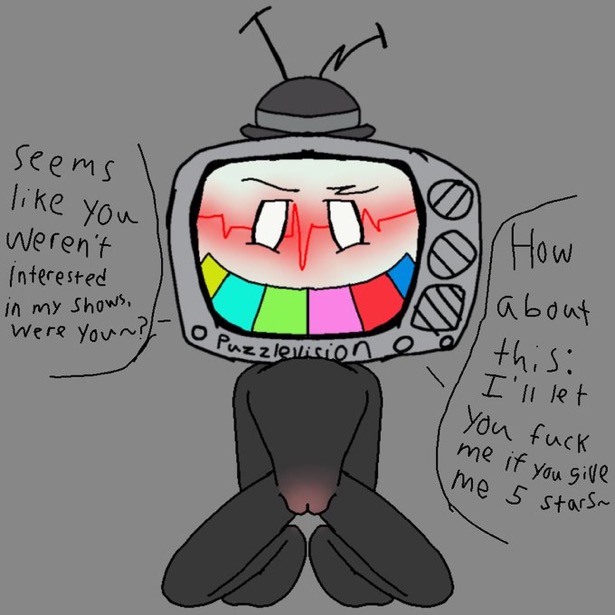 blush blushing_pussy color colored crouching cuntboy cuntboy_focus cuntboy_only dialogue english english_text goodbudsog_(artist) ibispaintx intersex intersex_only looking_at_viewer mr._puzzles non-human pussy pussy_blush seductive_look simple_background smg4 smug smug_face text tv tv_head