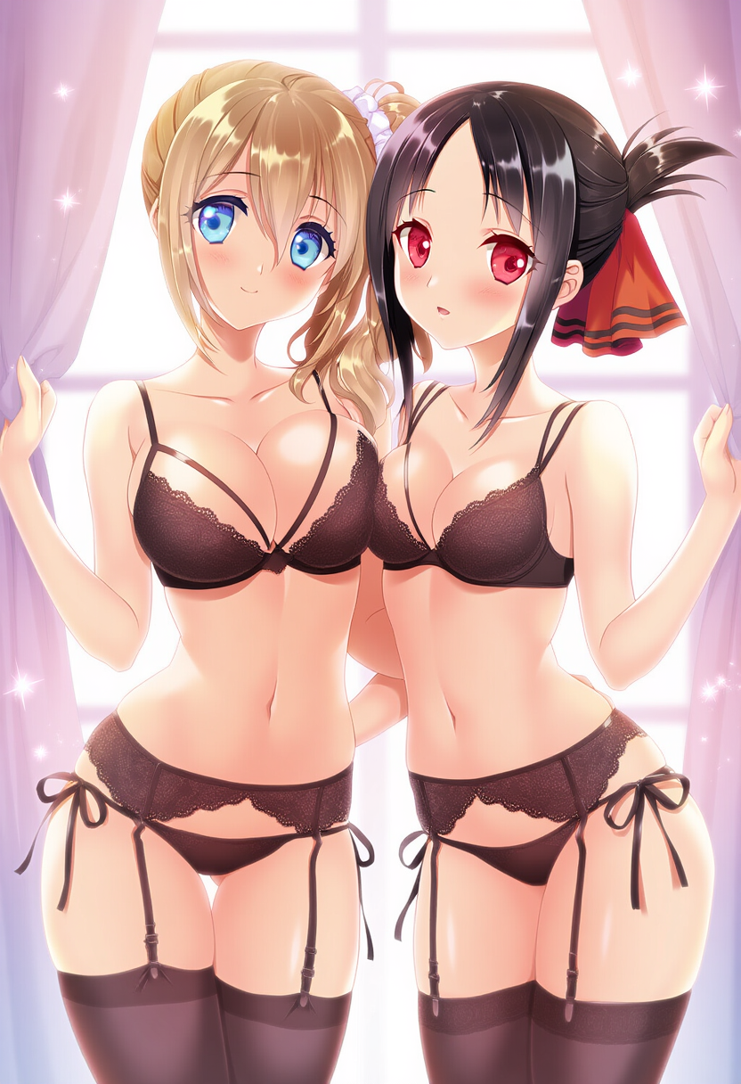 2girls ai_generated bangs bare_shoulders black_bra black_hair black_legwear black_panties blonde_hair blue_eyes blush bra breasts cleavage closed_mouth collarbone curtain_grab curtains eyebrows_visible_through_hair female flower folded_ponytail garter_belt hair_ribbon hayasaka_ai indoors kaguya-sama_wa_kokurasetai_~tensai-tachi_no_renai_zunousen~ lace lace-trimmed_bra large_breasts lingerie long_hair looking_at_viewer medium_breasts multiple_girls navel panties parted_bangs parted_lips red_eyes red_ribbon ribbon shinomiya_kaguya short_hair side-tie_panties sidelocks smile sparkle standing thighhighs underwear underwear_only white_bra white_panties window