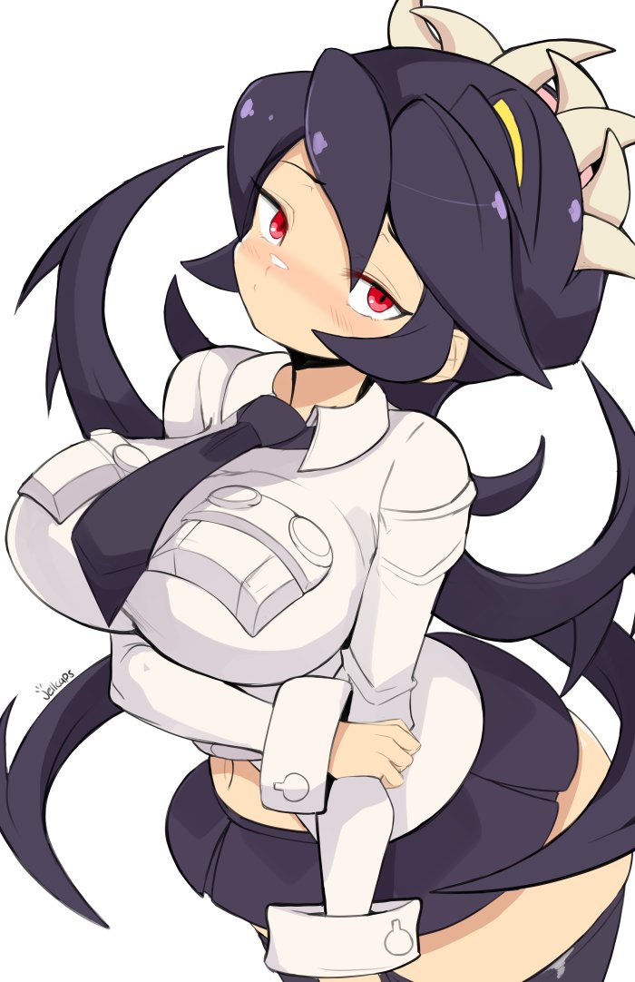 1girls, big breasts, black hair, blush, breasts, clothing, female, female only, filia (skullgirls), hips, jellcaps, large breasts, light skin, light-skinned female, nervous, nervous smile, red eyes, samson (skullgirls), school uniform, shirt, skirt, skullgirls, solo, thick thighs, tie, voluptuous, voluptuous female, wide hips