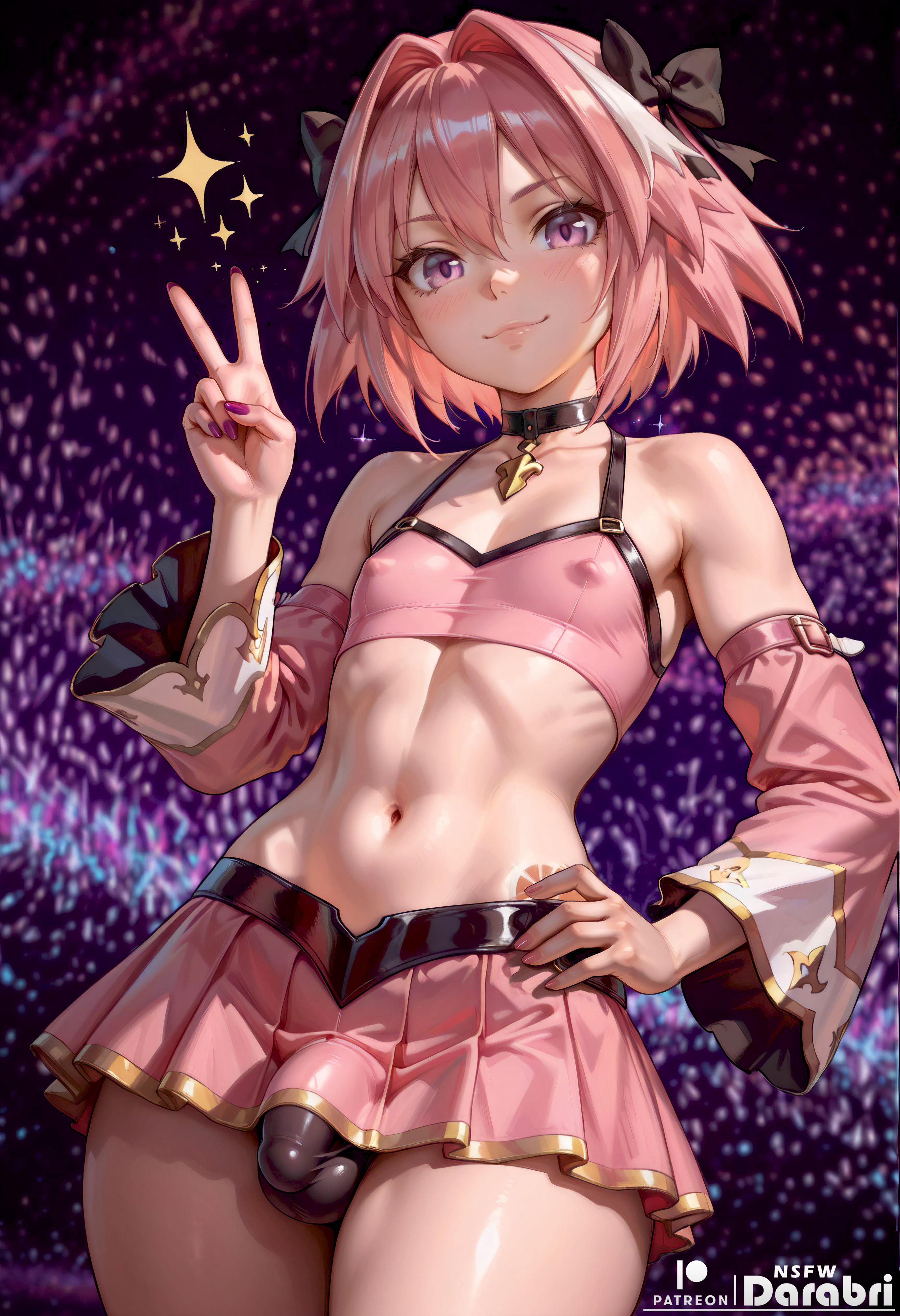 1boy, abstract background, ai generated, astolfo (fate), bulge, bulge through clothing, covered nipples, crop top, cute, darabri, detached sleeves, exposed, fate/grand order, femboy, feminine male, gay, girly, hard nipples, logo, looking at viewer, male, male only, midriff, otoko no ko, patreon, patreon logo, peace sign, penis, penis bulge, pink eyes, pink hair, poking, pov eye contact, skirt, trap, yaoi