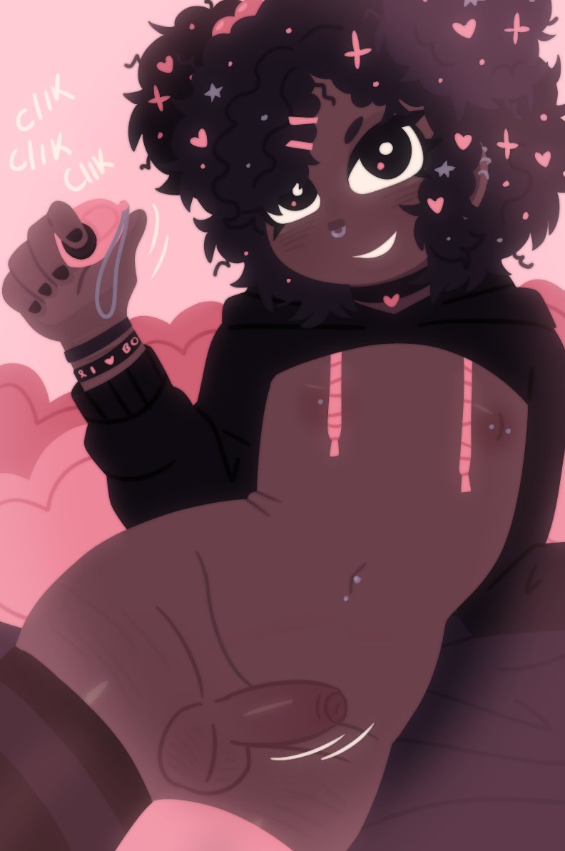 1girls, balls, black and pink, black eyes, black female, black hair, black nails, black woman, choker, clicker, cropped hoodie, curly hair, ear piercing, female, foreskin, functionally nude, hair accessory, heart pillow, looking at viewer, male, navel piercing, nipple piercing, nipples, nose piercing, original, original character, penis, petplay, piercing, pupn1k, shaved crotch, smile, solo, stockings, trans woman, transfem, transgender, uncircumcised, wristband