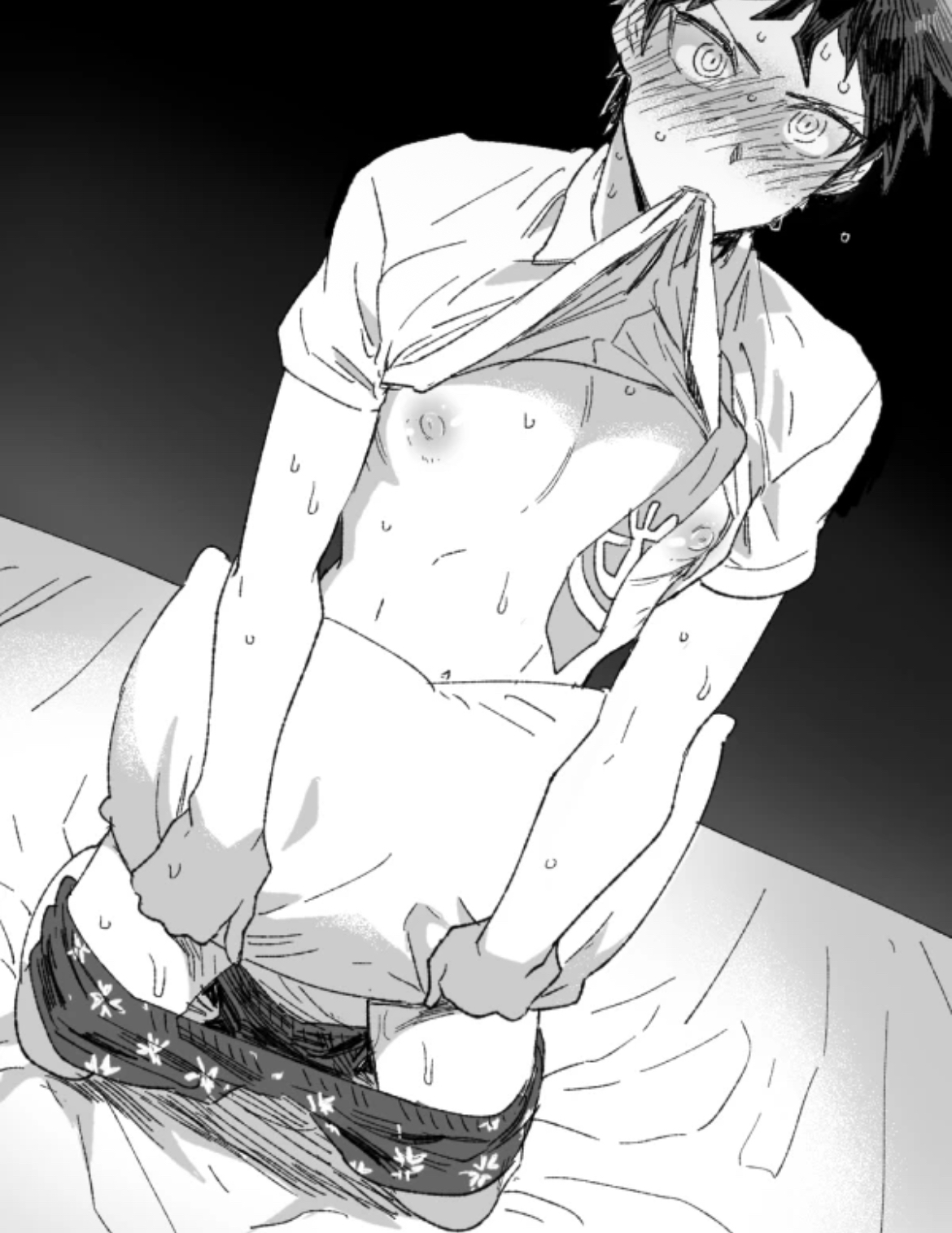 biting clothes, biting shirt, blush, boxers, boxers down, covering crotch, covering privates, danganronpa, danganronpa 2: goodbye despair, drfav, hinata hajime, male, male focus, male only, nipples, pillow, shirt in mouth, shirt lift, shirt up, solo, solo focus, solo male, underwear, underwear down, uurin