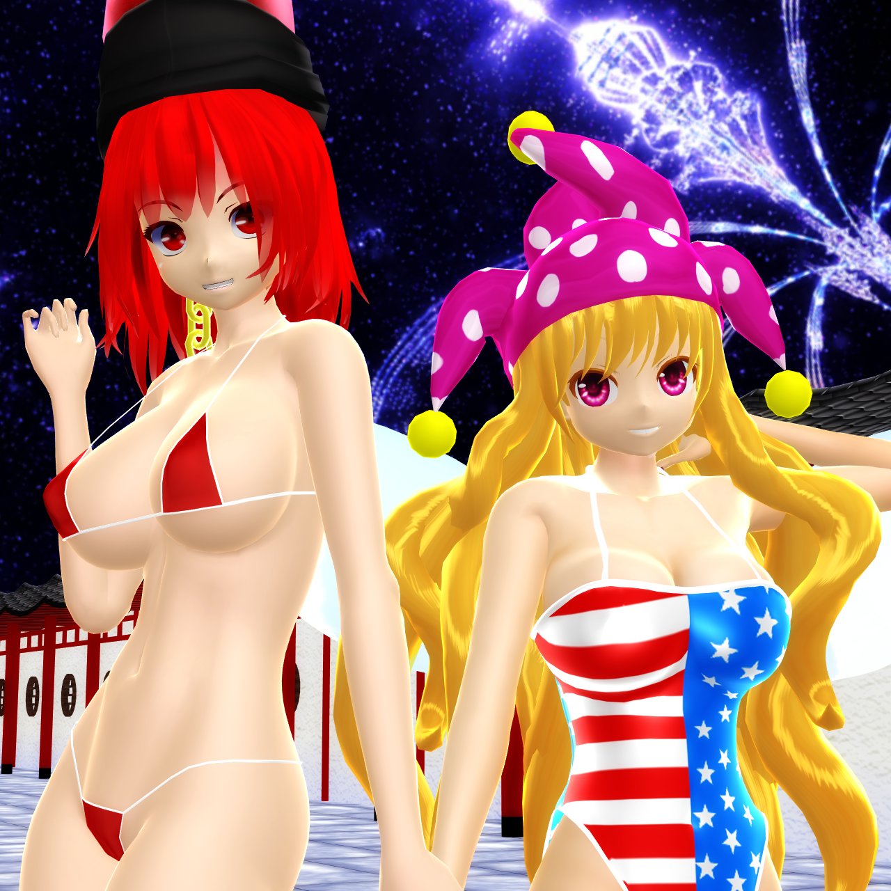 2025 2girls 3d american_flag_swimsuit belly_button bikini blonde_hair_female breasts cleavage clownpiece deity duo_focus fairy female hat hati_yukkuri_mmd headwear hecatia_lapislazuli hips holding_each_other holding_hands jester_hat lampad long_hair_female looking_at_viewer midriff mmd night_sky one_piece_swimsuit pink_eyes_female red_bikini red_eyes_female red_hair_female short_hair_female skimpy_bikini smiling_at_viewer stars swimsuit touhou waist