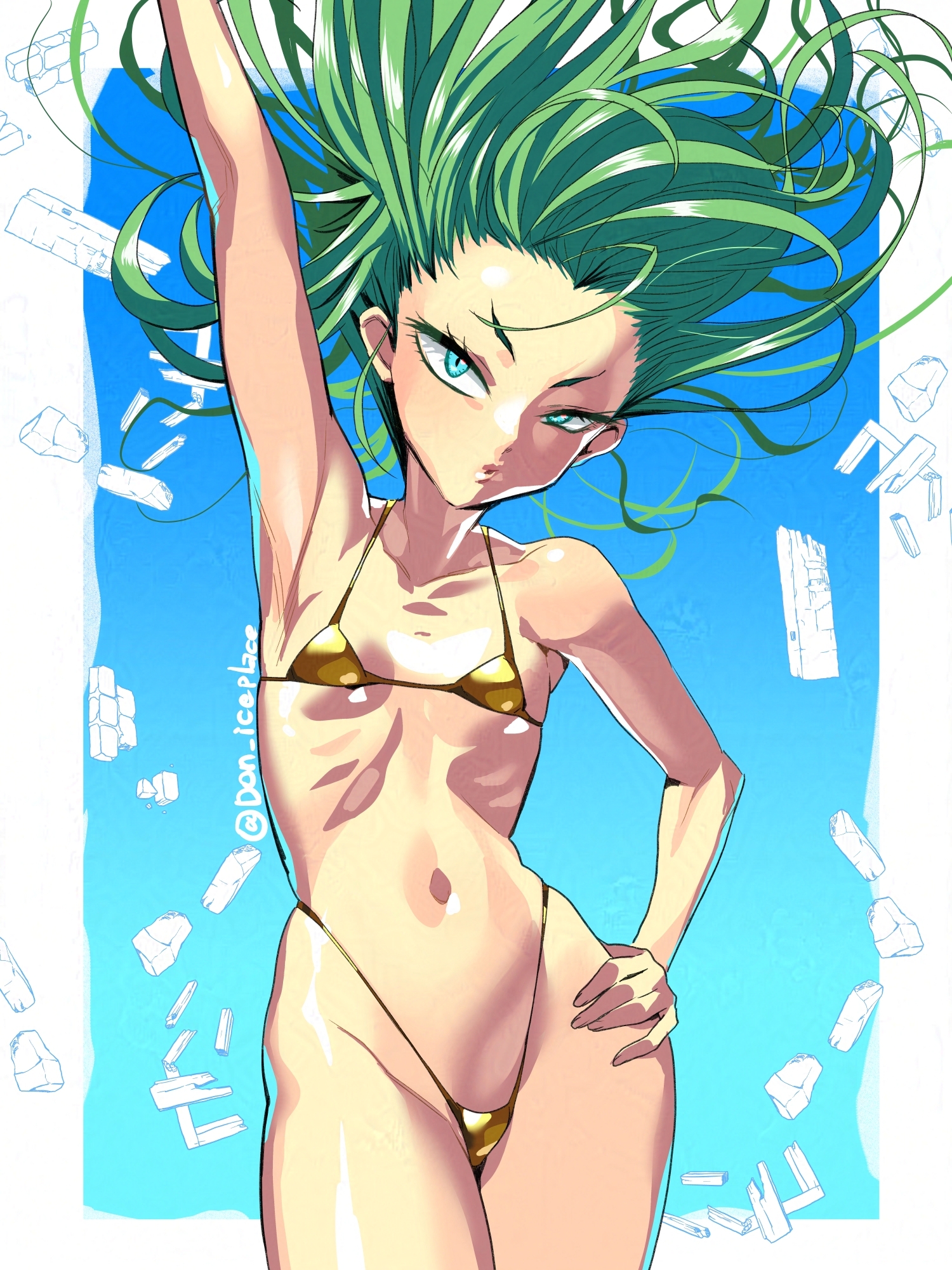 1girls, bikini, bikini bottom, bikini top, bottomwear, breasts, female, female only, golden bikini, golden week, green eyes, green hair, hair, hand on hip, hips, ice place, one-punch man, pose, posing, small breasts, solo, solo female, swimwear, tatsumaki, thighs, topwear, yellow bikini