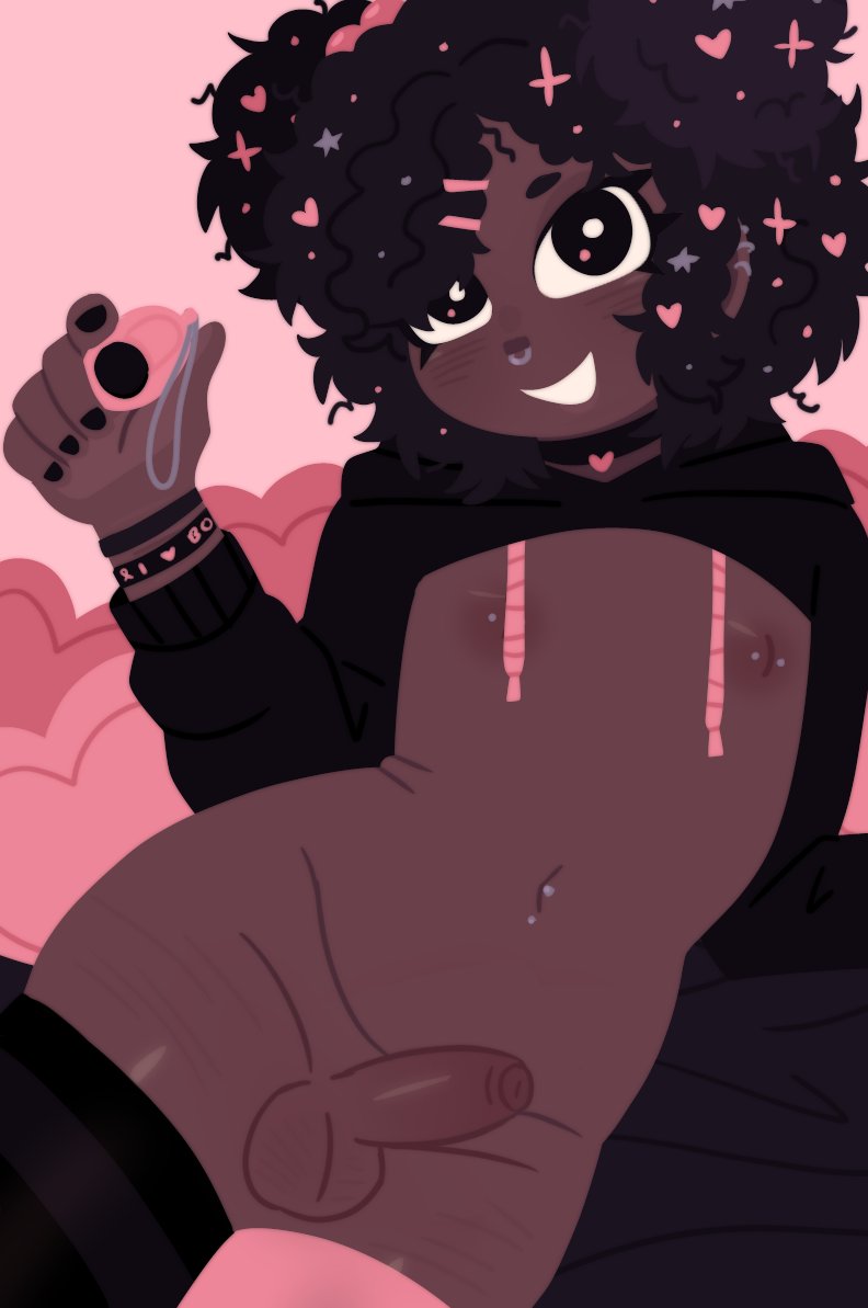 1girls, balls, black and pink, black eyes, black female, black hair, black nails, black woman, choker, clicker, cropped hoodie, curly hair, ear piercing, female, foreskin, functionally nude, hair accessory, heart pillow, looking at viewer, male, navel piercing, nipple piercing, nipples, nose piercing, original, original character, penis, petplay, piercing, pupn1k, shaved crotch, smile, solo, stockings, trans woman, transfem, transgender, uncircumcised, wristband