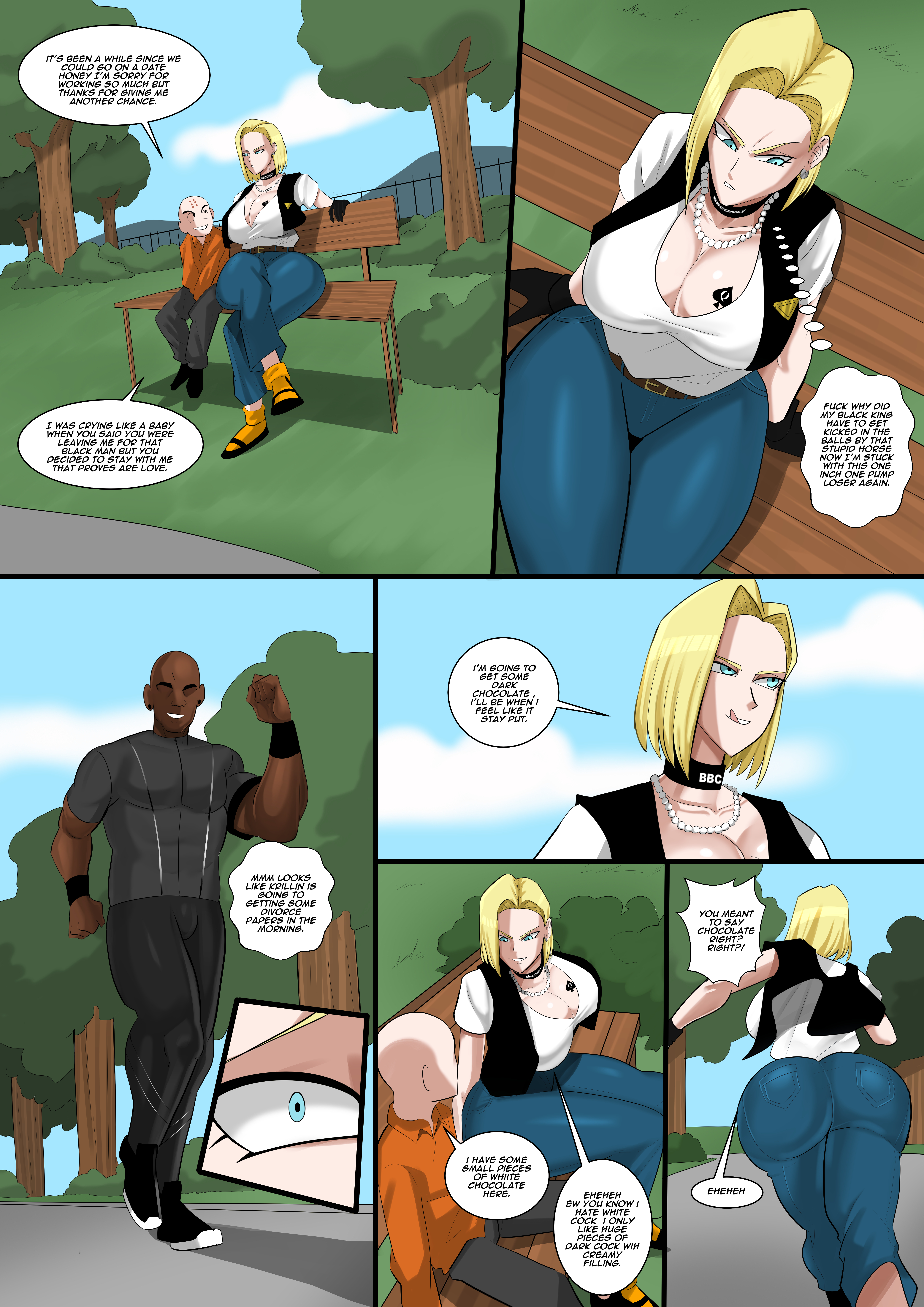 1girls, 2boys, absurd res, absurdres, android, android 18, android girl, armband, armbands, ass, ass bigger than head, bald male, big ass, big breasts, black choker, black earrings, black guy, black male, black man, blonde hair, blonde-haired female, blue eyes, blue-eyed female, boob tattoo, breast tattoo, breasts, breasts bigger than head, cheating, cheating wife, cleavage, clothed, clothed female, clothed male, clothing, comic, cuck, dark skin, dark-skinned male, dialogue, dragon ball, dragon ball z, earrings, english text, eyelashes, female, hi res, highres, huge ass, huge breasts, husband, husband and wife, imminent cheating, interracial, jogging, jogging in the park, jogging outfit, jogging pants, krillin, kuririn, large ass, large breasts, licking lips, licking teeth, male, medium hair, medium-haired female, milf, mother, multiple boys, multiple males, necklace, official alternate costume, park, park bench, pearl necklace, qos, qos tattoo, queen of spades, running, self upload, shocked eyes, shocked female, silver earring, silver earrings, spade, spade tattoo, tattoo, text, thick thighs, thought bubble, venomarts00, waistband, wife, zstorys22