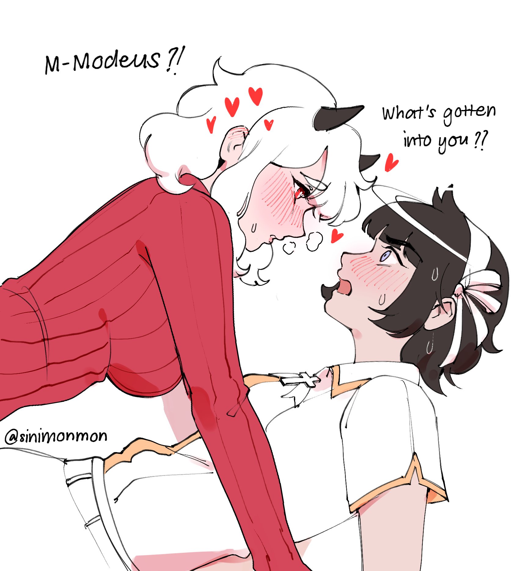 2girls, angel, angel girl, artist request, azazel (helltaker), black hair, blue eyes, blush, blushing ears, breasts, demon, demon girl, dialogue, female, flustered, halo, heart, heart-shaped pupils, hearts around head, heavy breathing, helltaker, horns, horny, horny female, imminent lesbian sex, imminent sex, large breasts, lesbian, modeus (helltaker), on top, red eyes, red sweater, sinimon, sinimonmon, suit, sweat, sweater, sweating, tagme, white hair, yuri