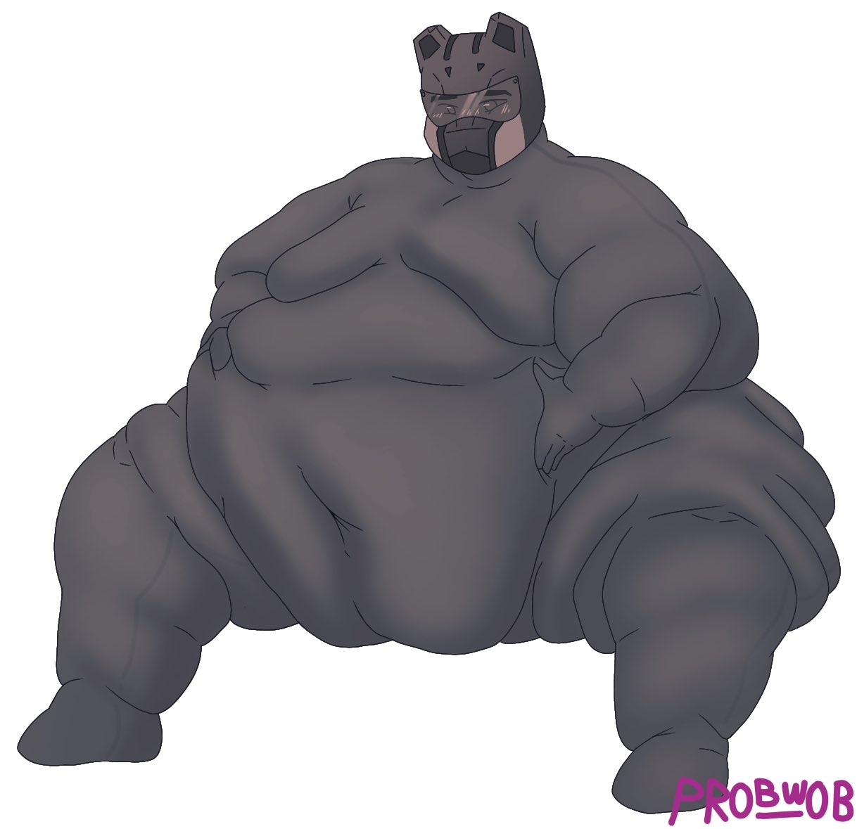 1boy belly belly_button belly_button_visible_through_clothing belly_grab belly_overhang blush blush bodysuit dawson_jett fanganronpa fat fat_male fully_clothed helmet male male_only mask masked masked_male moobs obese obese_male probb_wobbl project:_eden's_garden