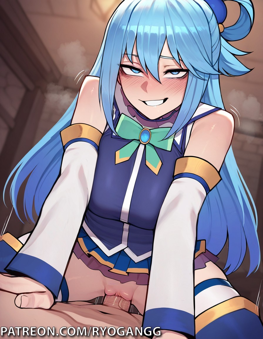 1boy, 1girls, 2d, 2d (artwork), ai generated, alternate breast size, aqua (konosuba), ass, big ass, big breasts, blue eyes, blue hair, breasts, clothed, clothed female nude male, clothed sex, cowgirl position, female, fucking, kono subarashii sekai ni shukufuku wo!, large ass, large breasts, male, miniskirt, no panties, patreon, patreon username, penis, pussy, riding, riding penis, ryogangg, sex, skirt, vaginal penetration