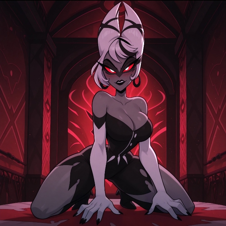 1milf, 2020s, 2025, ai assisted, ai generated, alternative hairstyle, amazon prime, black clothing, black lips, black lipstick, carmilla carmine, cleavage, demon, earrings, female, female only, grey body, grey skin, hazbin hotel, hi res, kneeling, looking at viewer, lustful mind, mature female, milf, overlord, red background, red eyes, seductive look, solo, tagme, twitter link, vivienne medrano, white gloves, white hair