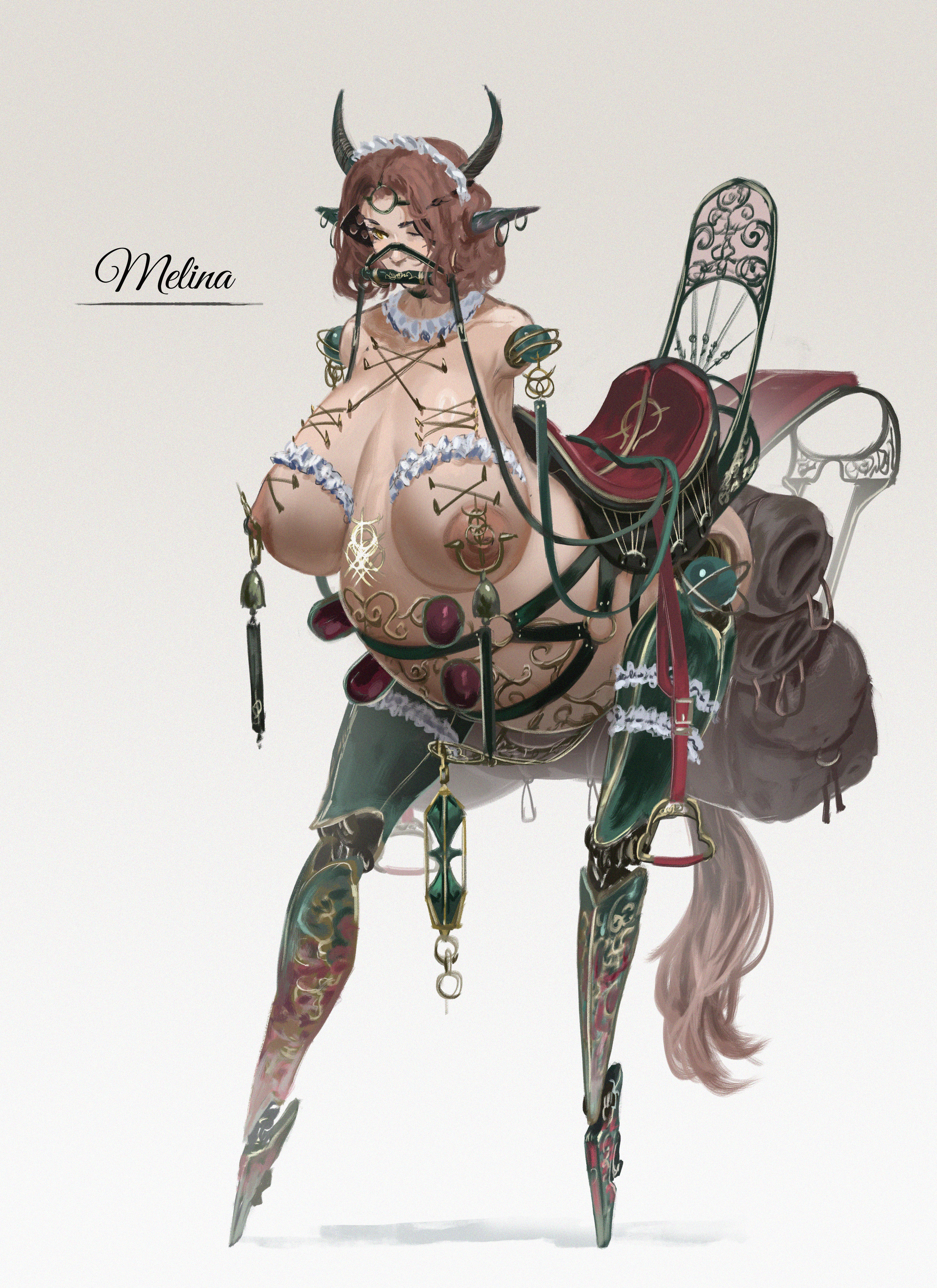 absurd res, amputee, big breasts, big nipples, bit gag, body modification, branded, branding mark, breasts, bridle, corset piercing, elden ring, fake animal ears, forniphilia, fromsoftware, futanari, gag, gagged, harness bit gag, hi res, huge belly, intersex, living furniture, melina (elden ring), pierced nipples, ponyplay, pregnant, pregnant belly, prosthetic, quadruple amputee, sezdraw