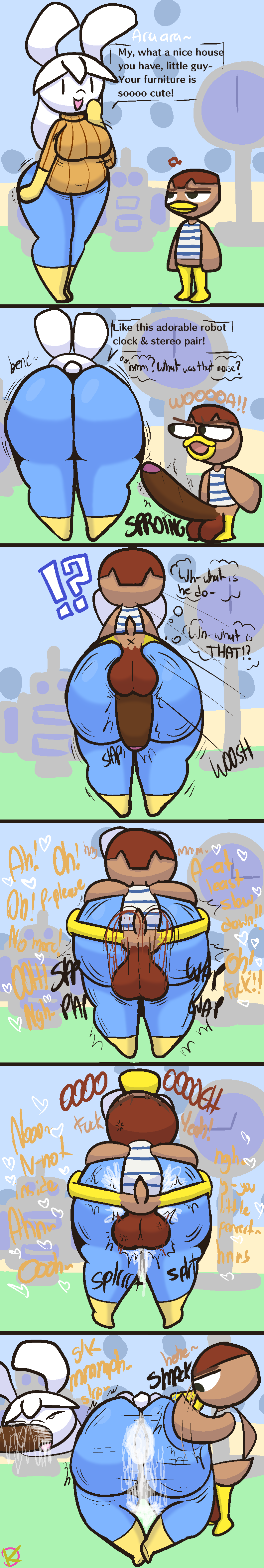 absurd_res ambiguous_penetration anatid animal_crossing anseriform anthro ass avian balls bent_over big_balls big_breasts big_butt bird bodily_fluids bottomless bottomwear breasts butt_slap clothed clothed_sex clothing comic cum cum_in_ass cum_in_pussy cum_inside denim denim_bottomwear denim_clothing duck duo english_text erection excessive_cum excessive_genital_fluids female fucked_through_clothes genital_fluids genitals hi_res huge_butt imminent_sex jeans klutzatdusk lagomorph leporid long_image male male/female male_on_top mammal meme nintendo on_top oral oral_penetration pants penetration perching_position phoebe_(bunsandnoble) pogchamp questionable_consent rabbit sex sex_through_clothes size_difference slap smaller_male spanking sweater tall_image text thick_thighs tight_clothing topwear weber_(animal_crossing) wide_hips