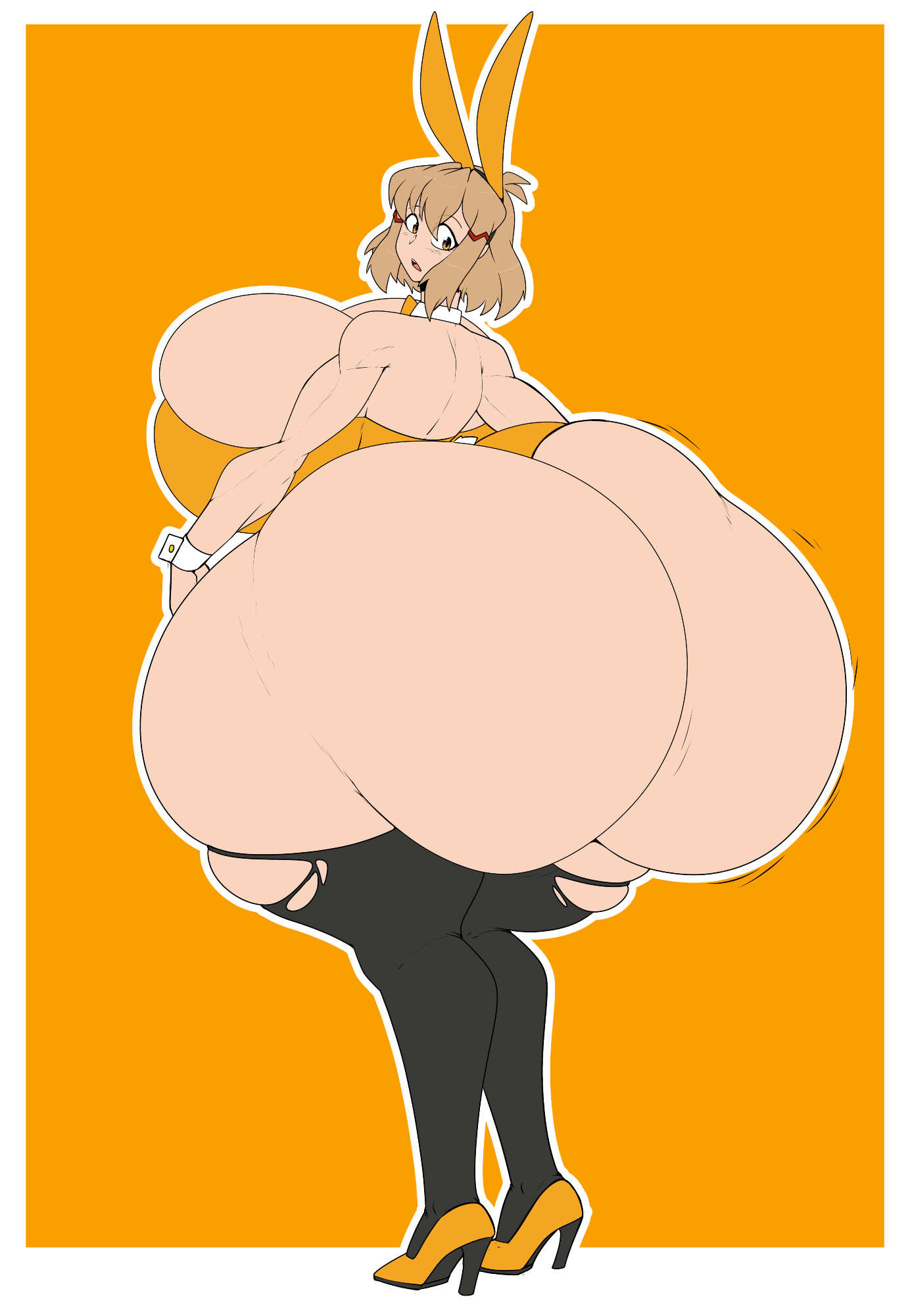 1girls, ass, ass bigger than head, ass bigger than torso, breasts, breasts bigger than head, bursting breasts, bursting butt, butt expansion, enormous breasts, fat ass, female, growth, hyper, hyper ass, hyper breasts, looking back, massive ass, rust and bolts, solo female, tagme, yellow bunnysuit, yellow clothing