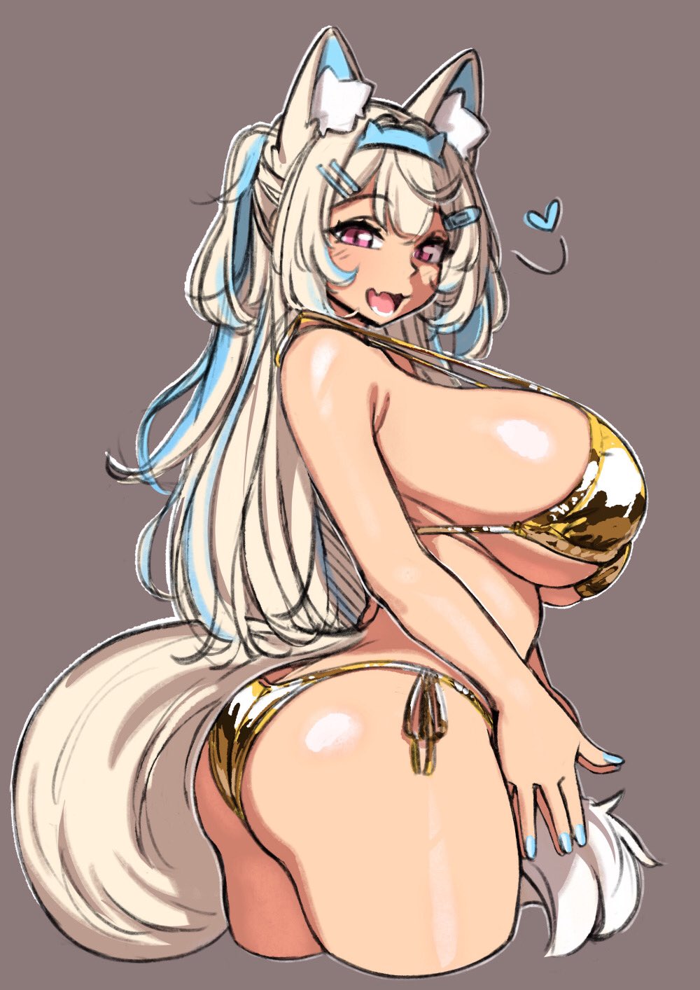 :d, animal ear fluff, animal ears, ass, ass cleavage, ass crack, bare shoulders, bikini, blonde hair, blue hair, blue nails, blush, breasts, butt crack, cropped legs, dog ears, dog girl, fangs, female, from behind, fuwawa abyssgard, gold bikini, hair ornament, heart, highres, hololive, hololive english, hololive english -advent-, kanachirou, large breasts, looking at viewer, looking back, multicolored hair, open mouth, pink eyes, shiny swimsuit, simple background, skin fangs, skindentation, smile, solo, streaked hair, string bikini, swimsuit, thighs, virtual youtuber, white hair