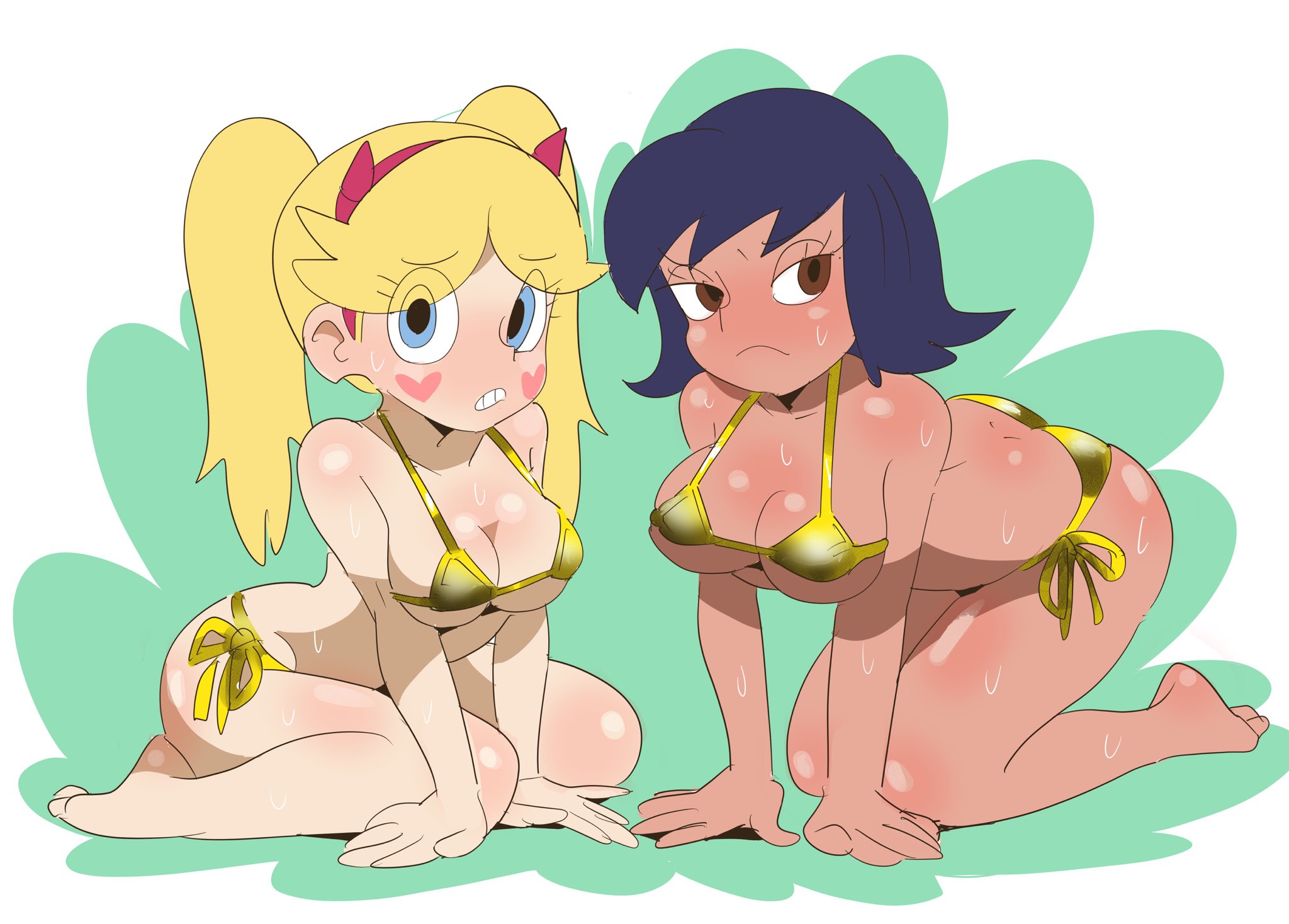 2girls, 404error, bikini, black hair, blonde hair, disney, disney channel, female, female focus, female only, gold bikini, golden bikini, golden week, janna ordonia, light skin, light-skinned female, star butterfly, star vs the forces of evil, twintails