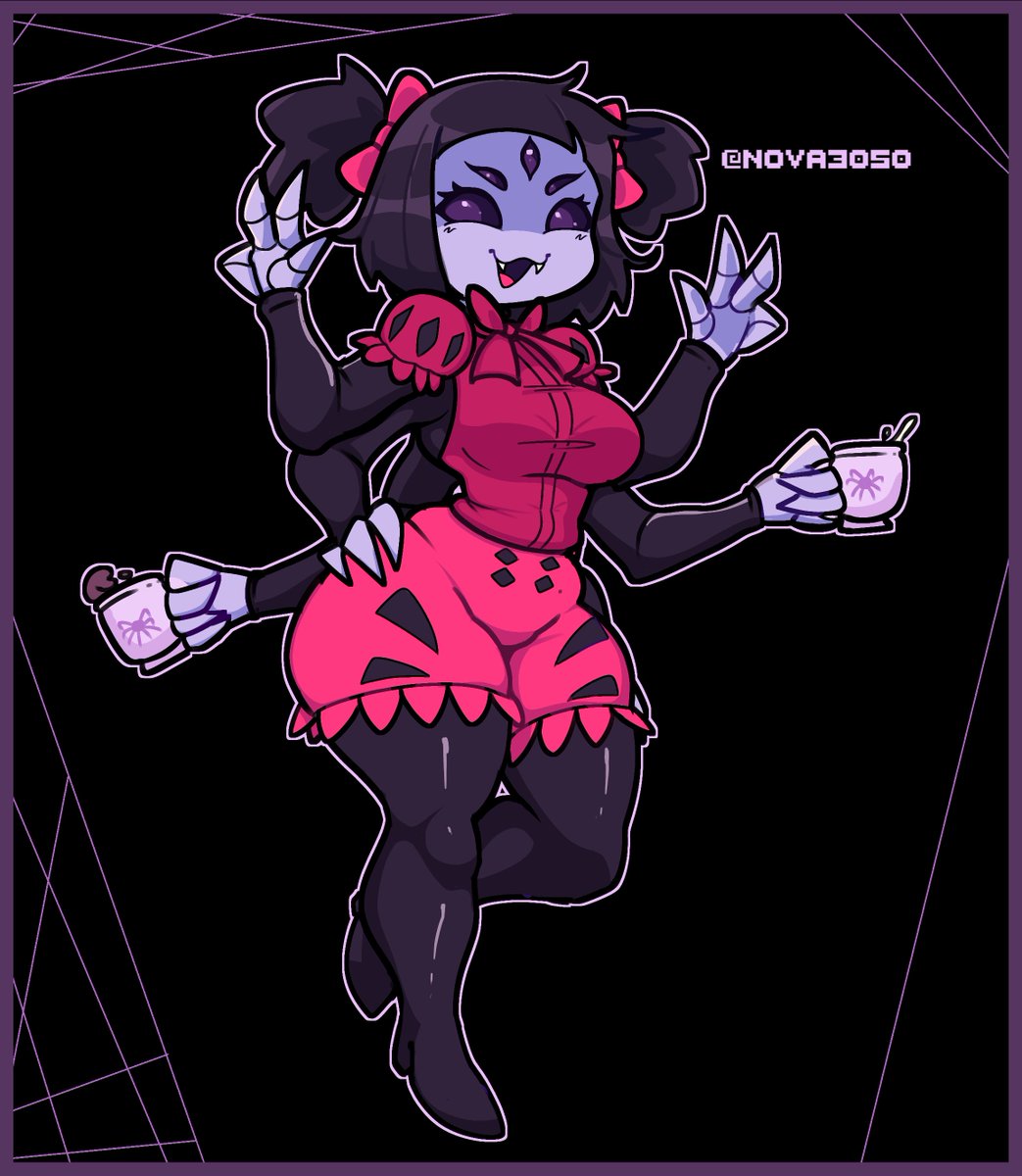 1girls 5_eyes 6_arms black_hair black_legwear black_sclera bow bows fangs fat_ass female_only fingerless_gloves high_heels large_ass large_breasts long_gloves maid maid_dress muffet nova_3050 pink_eyes purple_skin short_hair sole_female spider_web tagme thick_thighs undertale undertale_(series) wide_hips