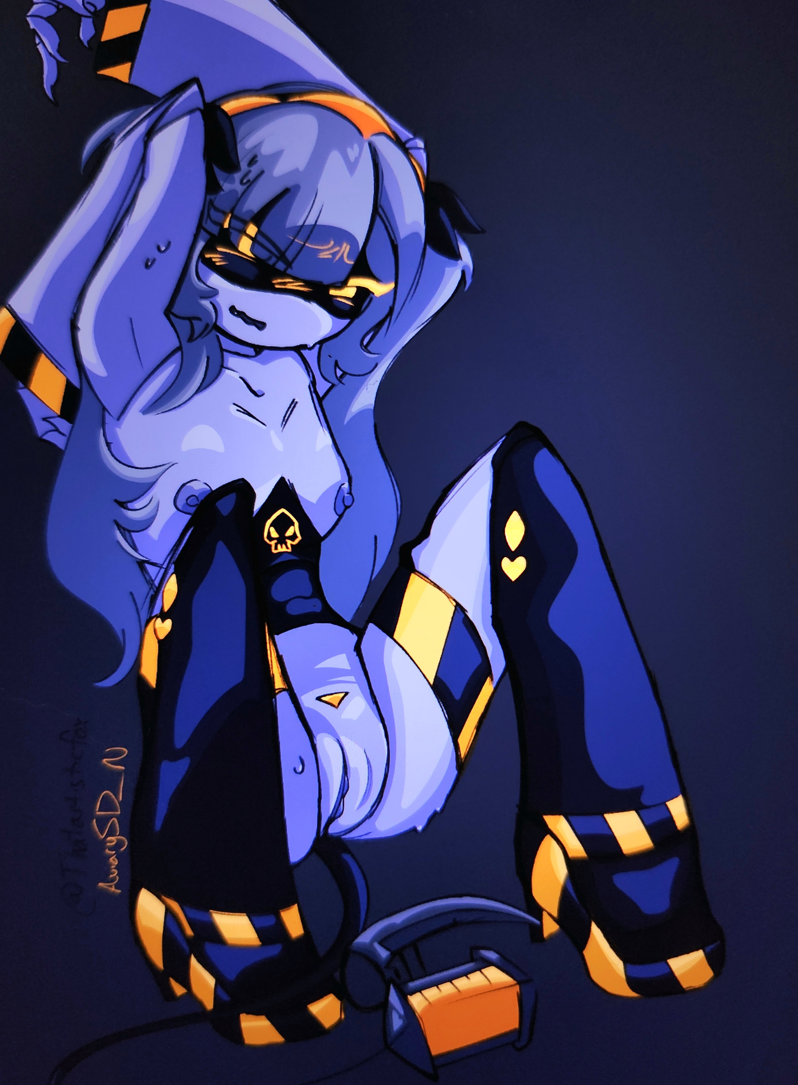 1girls, blush, bratty submissive, breasts, digital media (artwork), disassembly drone, drone, fanart, female, female only, flustered, glowing eyes, hairbow, high heels, j (murder drones), murder drone, murder drones, naked, naked female, nervous, nipples, pose, pussy, serial designation j, shiny skin, submissive, sweat, tail, wet, yellow eyes