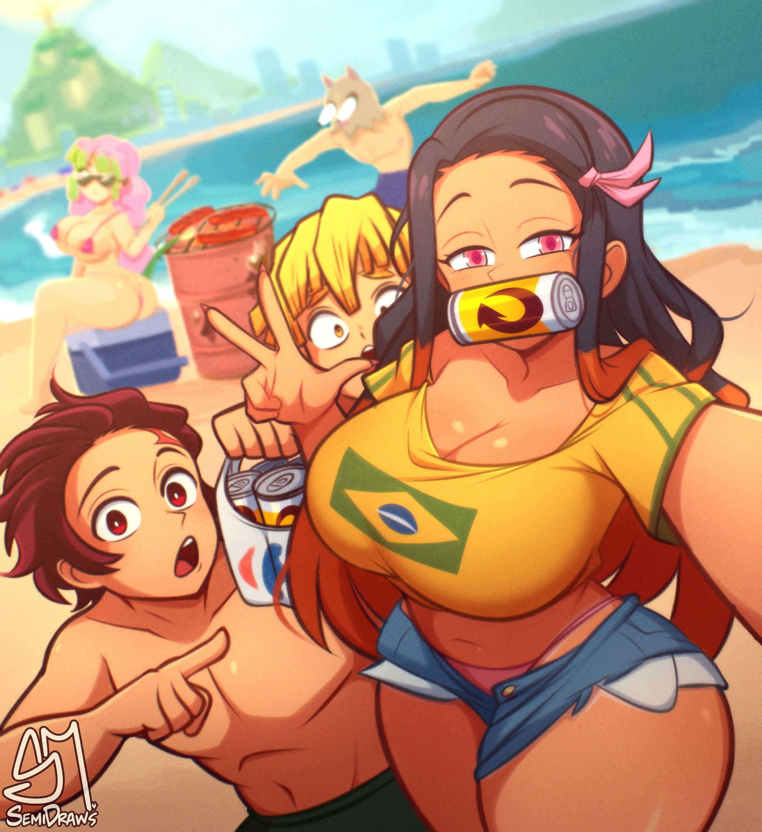2girls, 3boys, absurd res, alcohol, alcoholic drink, ass, back view, backboob, beach, beer, big breasts, bikini, black hair, black-haired female, blonde hair, brazilian, brazilian female, brazilian miku (cosplay), brazilian nezuko, breasts, brother and sister, brown hair, clothed, clothing, cosplay, demon slayer, digital media (artwork), drink, exposed hips, eyebrows, eyelashes, female, female focus, glasses, glistening, glistening body, green hair, group, hi res, hip cleavage, hip focus, huge breasts, inosuke hashibira, jean shorts, kamado nezuko, kamado tanjirou, kanroji mitsuri, kimetsu no yaiba, large breasts, light skin, light-skinned female, light-skinned male, long hair, looking at viewer, male, male/female, motion lines, multicolored hair, multiple boys, multiple females, multiple girls, multiple males, peace sign, pink eyes, pink hair, pink-haired female, semidraws, short shorts, shorts, skol, sunglasses, swimsuit, thick thighs, twitter link, vocaloid, voluptuous, voluptuous female, wide hips, zenitsu agatsuma