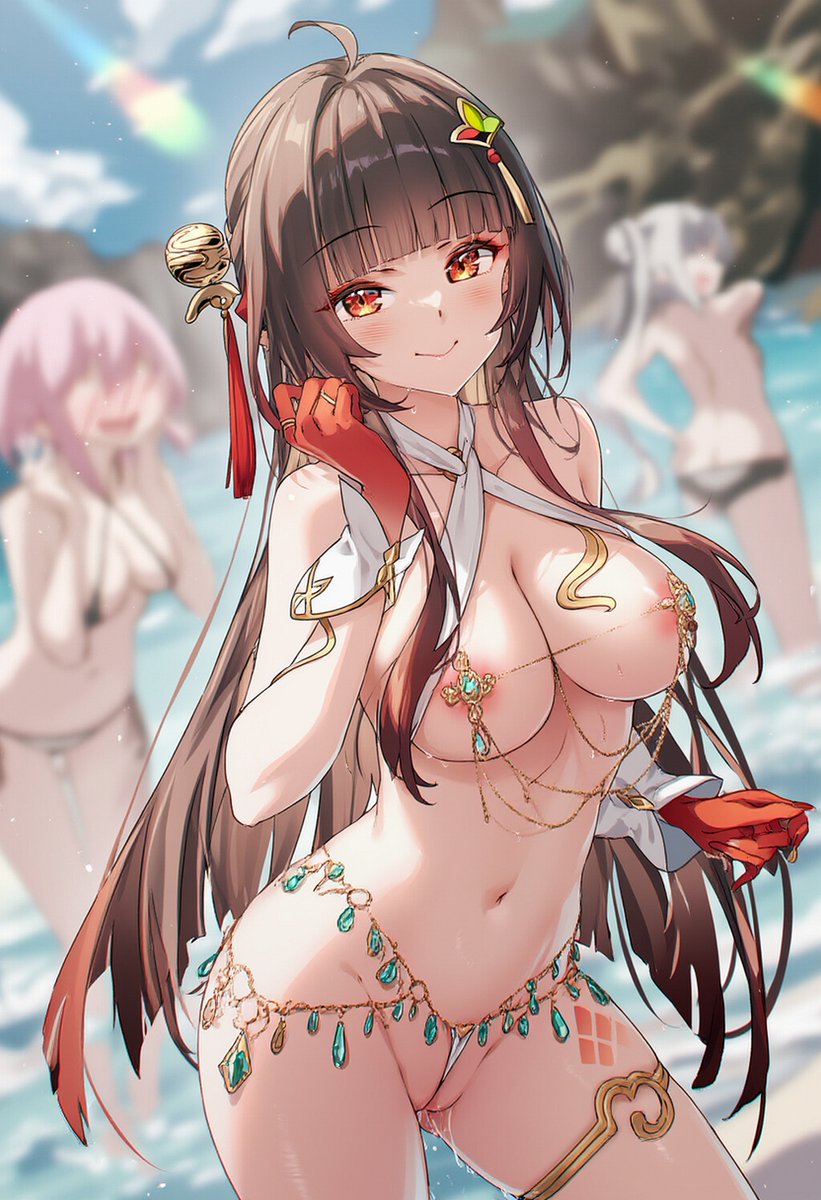 3girls, ai generated, almost naked, almost nude, beach, brown hair, female, female only, honkai: star rail, lingsha (honkai: star rail), naked female, orange eyes, raaicave, string bikini