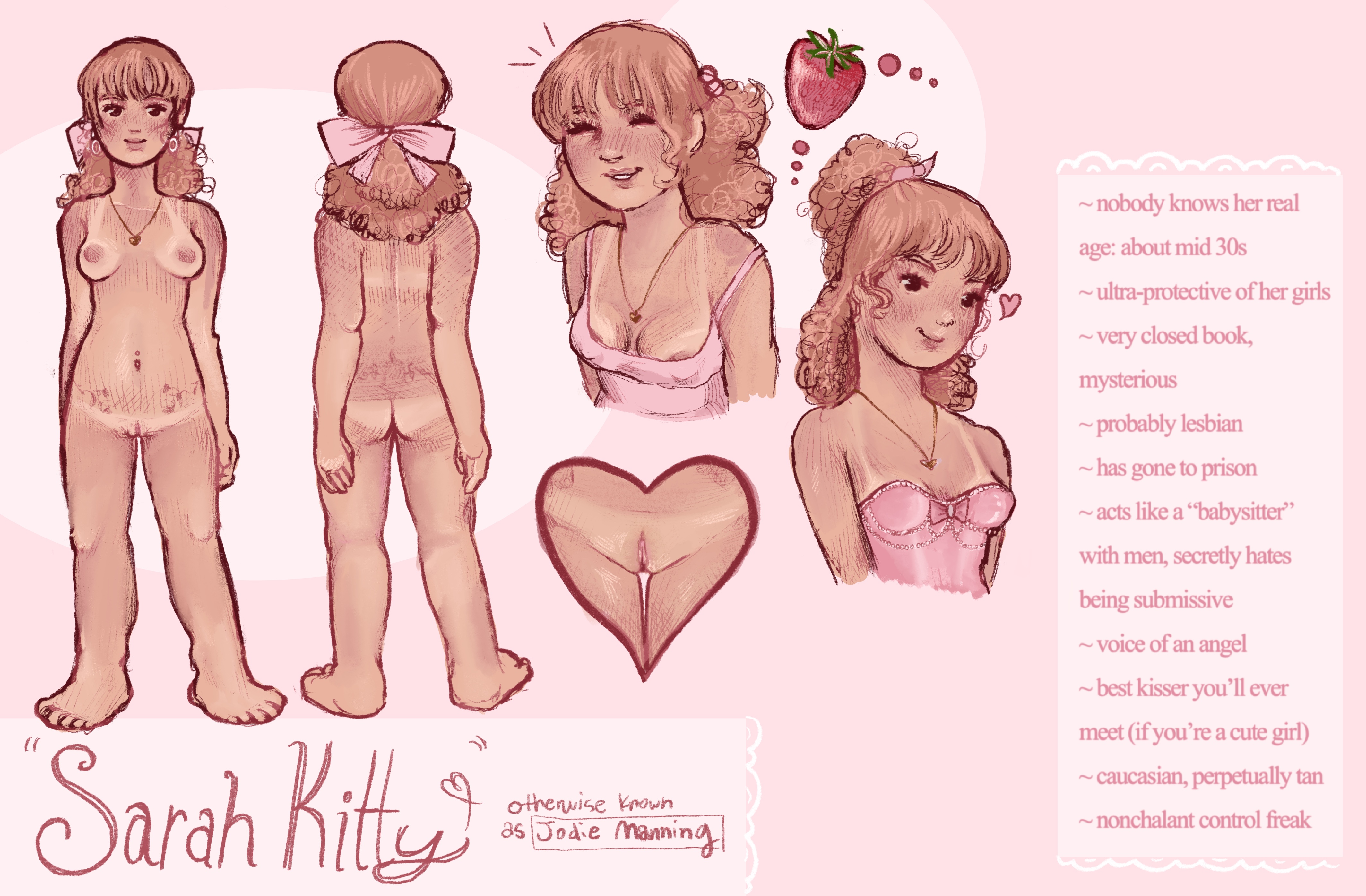 1girls, back view, bangs, casual nudity, character, character name, character profile, character sheet, cleavage, cleavage focus, clitoris, crotch focus, crotch shot, curly hair, curly-haired female, cute, cute expression, cute face, female, female focus, female only, flirting, flirting with viewer, flirty, flowersonwalls, front and back, front view, laughing, lesbian, mature female, naked, naked female, naked woman, nip slip, nipple slip, nipples, nipslip, pink, pink background, pink clitoris, pink clothes, pink clothing, pink lingerie, pink nipples, pink pussy, pink shirt, pussy, pussy focus, sarah kitty / jodie (flowersonwalls), shaved crotch, shaved pussy, slender body, slender waist, smiling, sweet, tan, tan body, tan skin, tan-skinned female, tanline, tanlines, tanned, tanned skin, the banana peel, thin female, thin waist, vagina, vagina focus