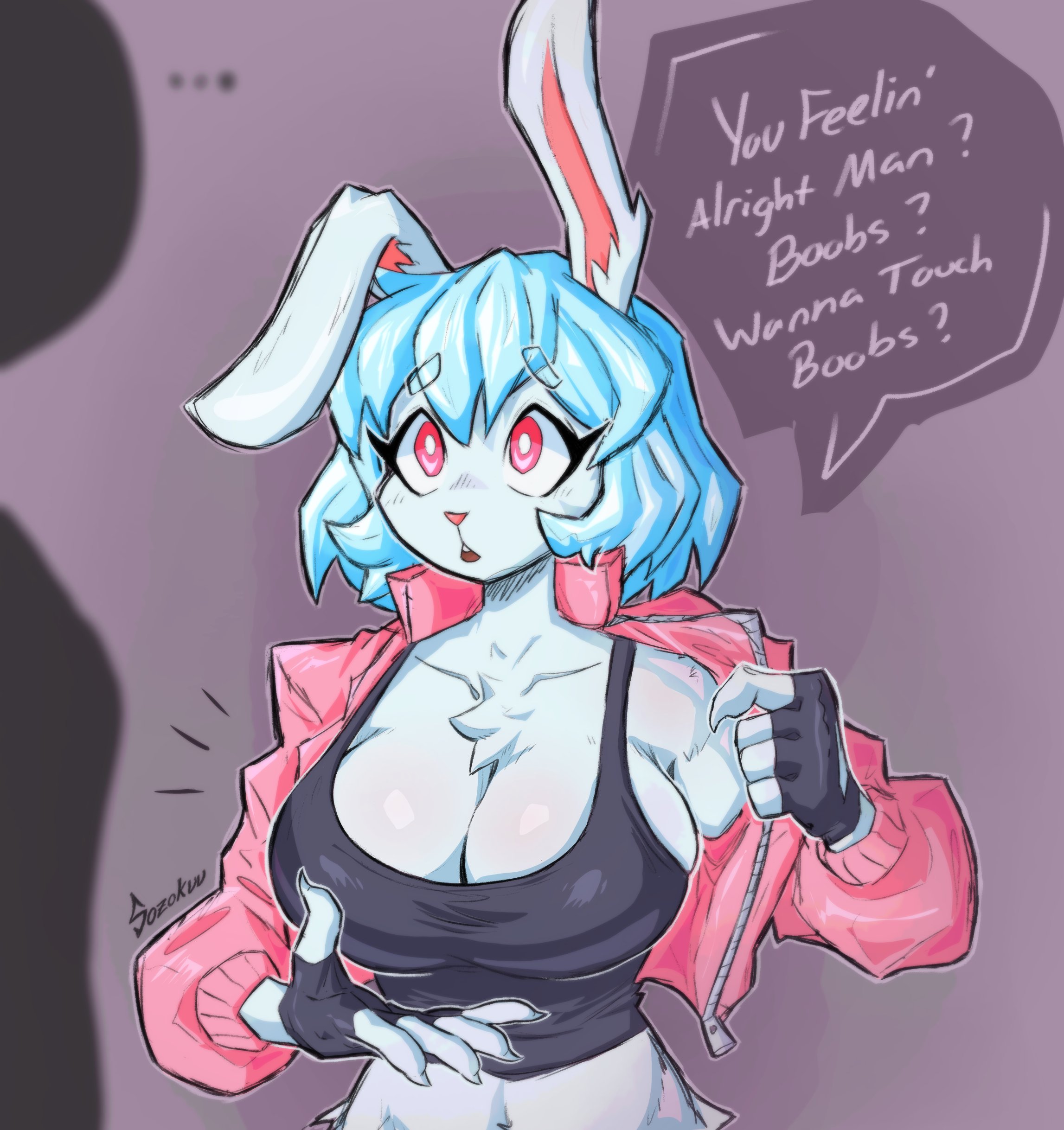 1girls, beatrice (sozokuu), boobs? wanna touch boobs?, breasts, cleavage, crop top, female, huge breasts, large breasts, midriff, pink jacket, rabbit ears, rabbit girl, red eyes, sozokuu, tank top, white fur