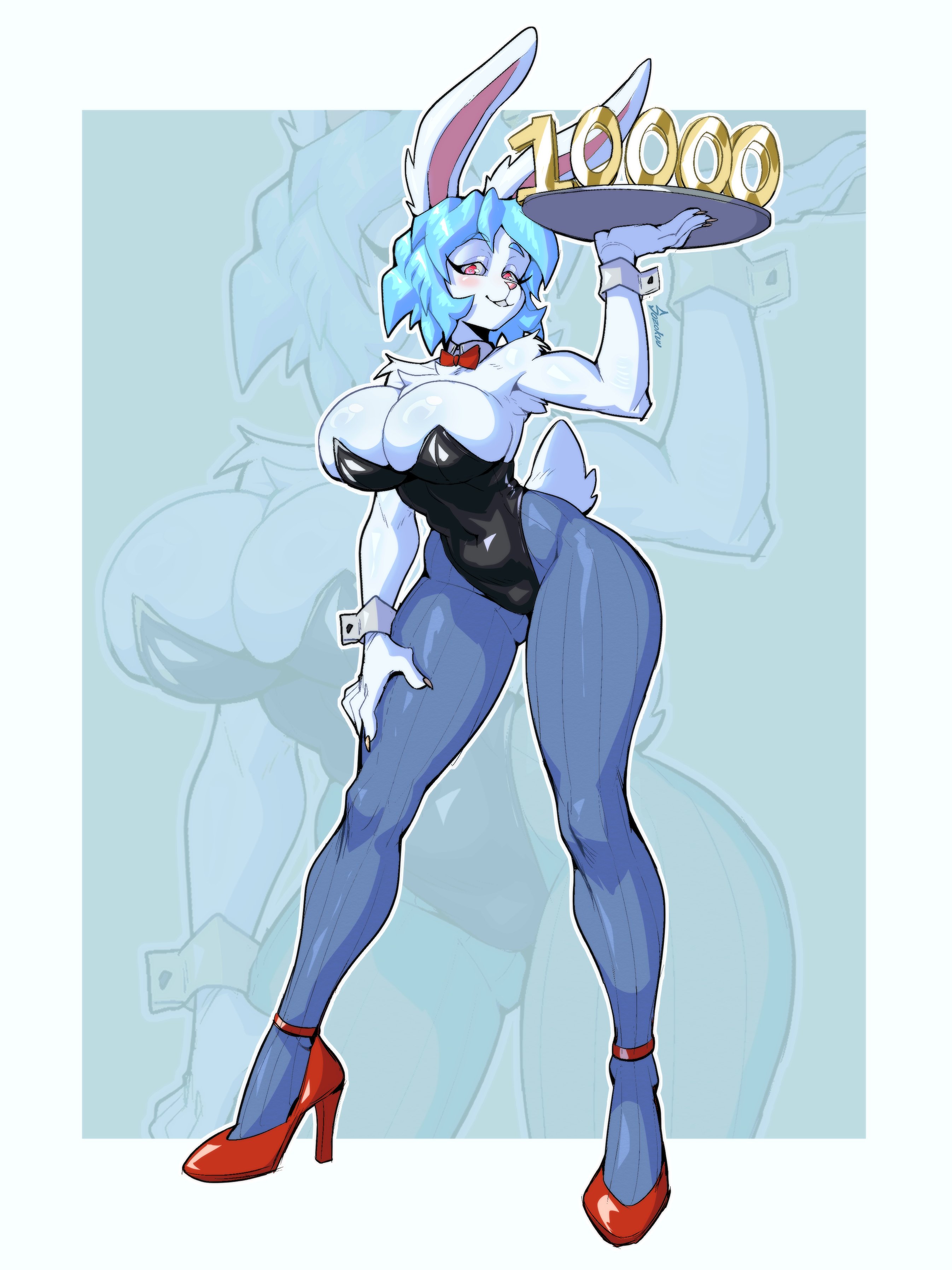 1girls, beatrice (sozokuu), black leotard, blue hair, blush, breasts, bursting breasts, cleavage, female, hand on own thigh, high heels, holding tray, huge breasts, large breasts, leotard, playboy bunny, rabbit ears, rabbit girl, rabbit tail, red eyes, short hair, snout, sozokuu, strapless leotard, thick thighs, white fur, white hair, wide hips, wrist cuffs